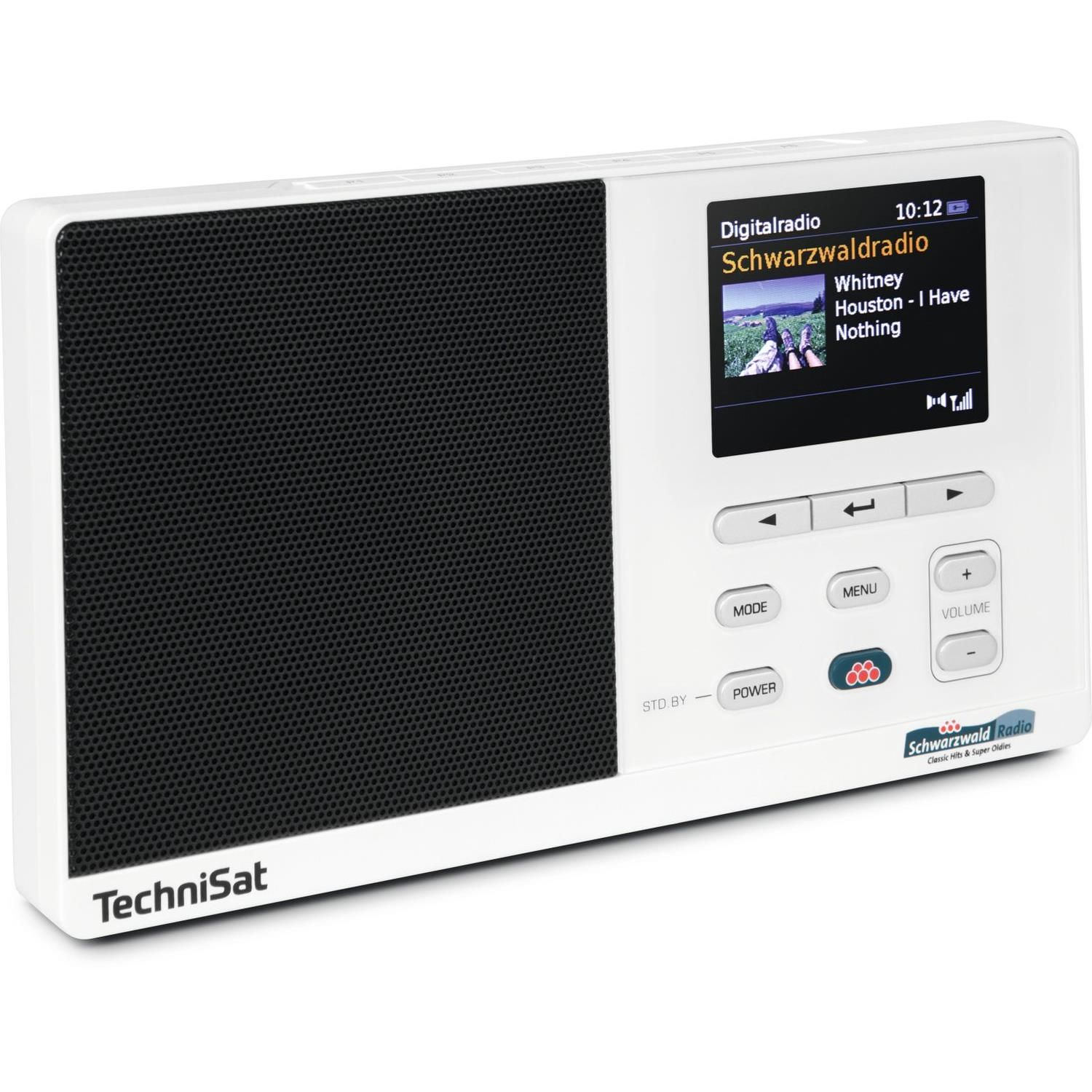 Una radio digital TechniSat blanca. Muestra una pantalla con información de radio y controles.