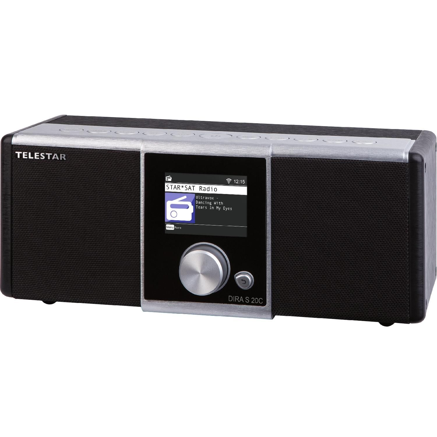 Czarno-srebrne radio cyfrowe z ekranem.