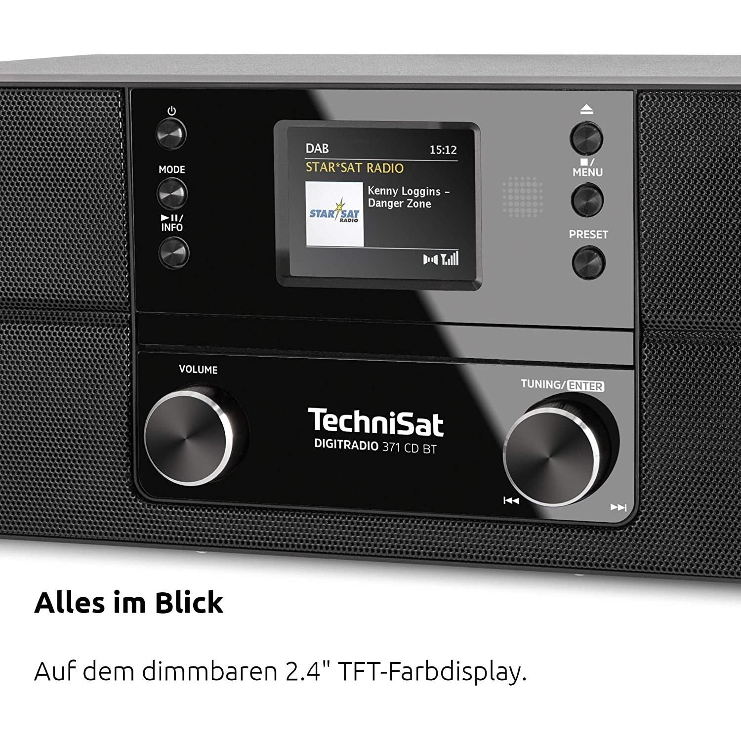 Czarno-srebrne radio cyfrowe z ekranem wyświetlającym informacje radiowe.