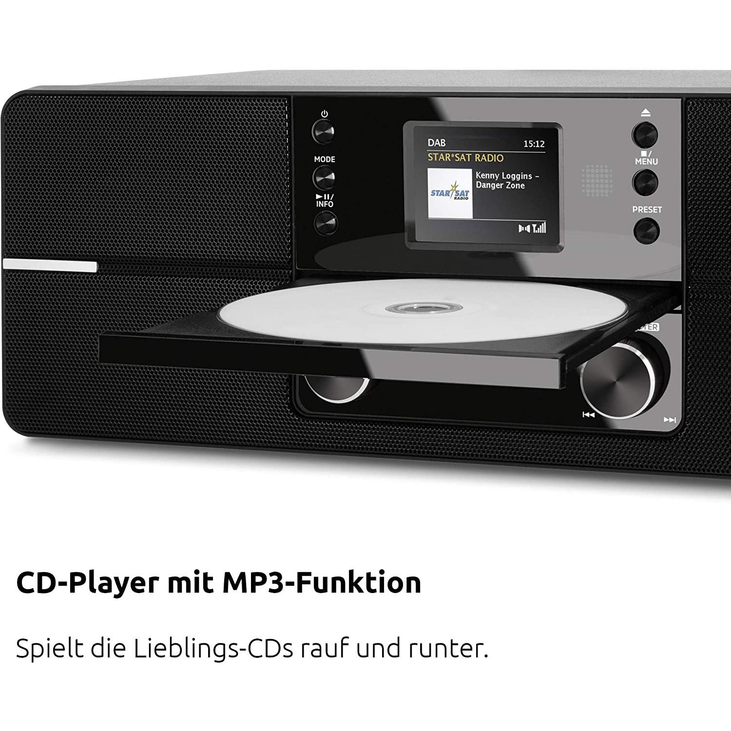 Czarny odtwarzacz CD z otwartą tacą i płytą CD w środku. Tekst: Odtwarzacz CD z funkcją MP3.