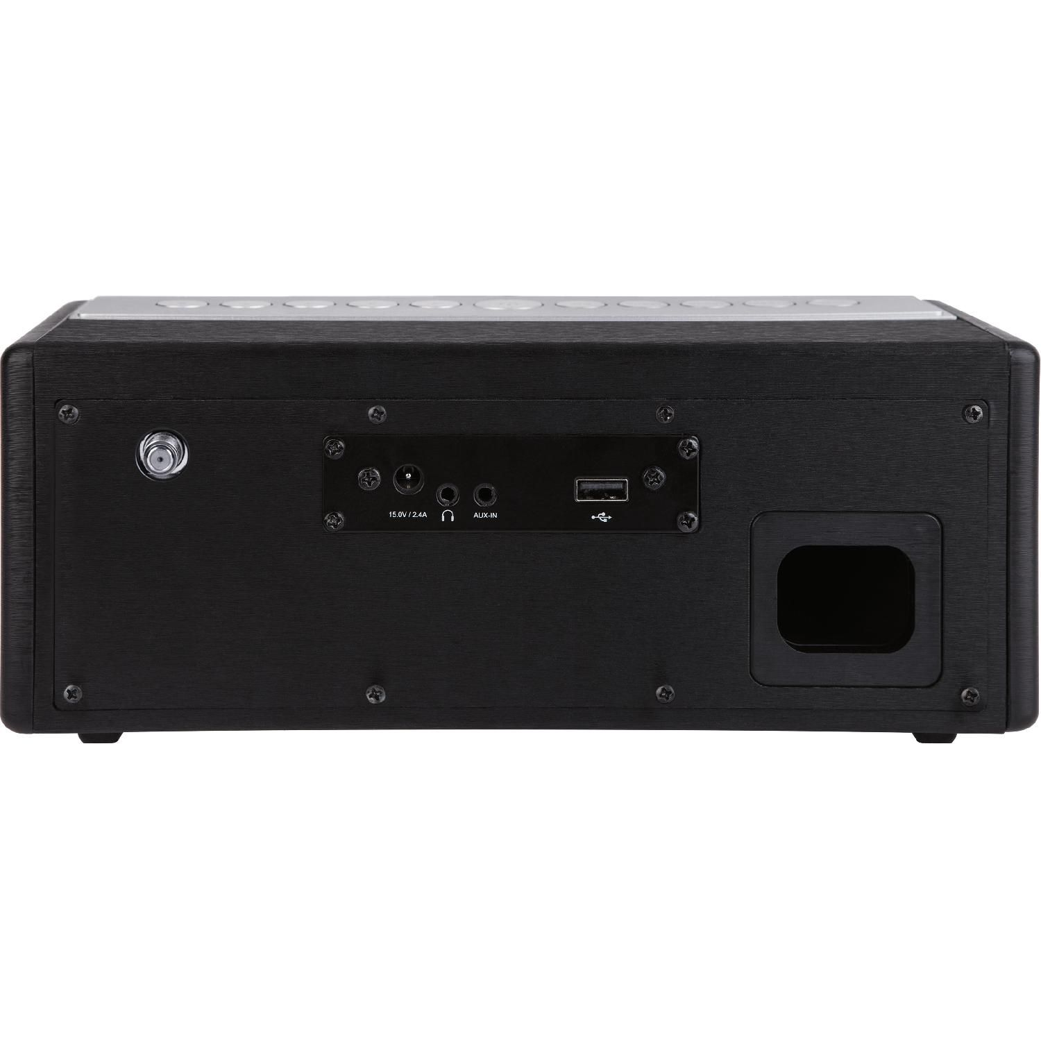 Tył czarnego głośnika. Posiada wejście zasilania, port USB i wejście AUX.