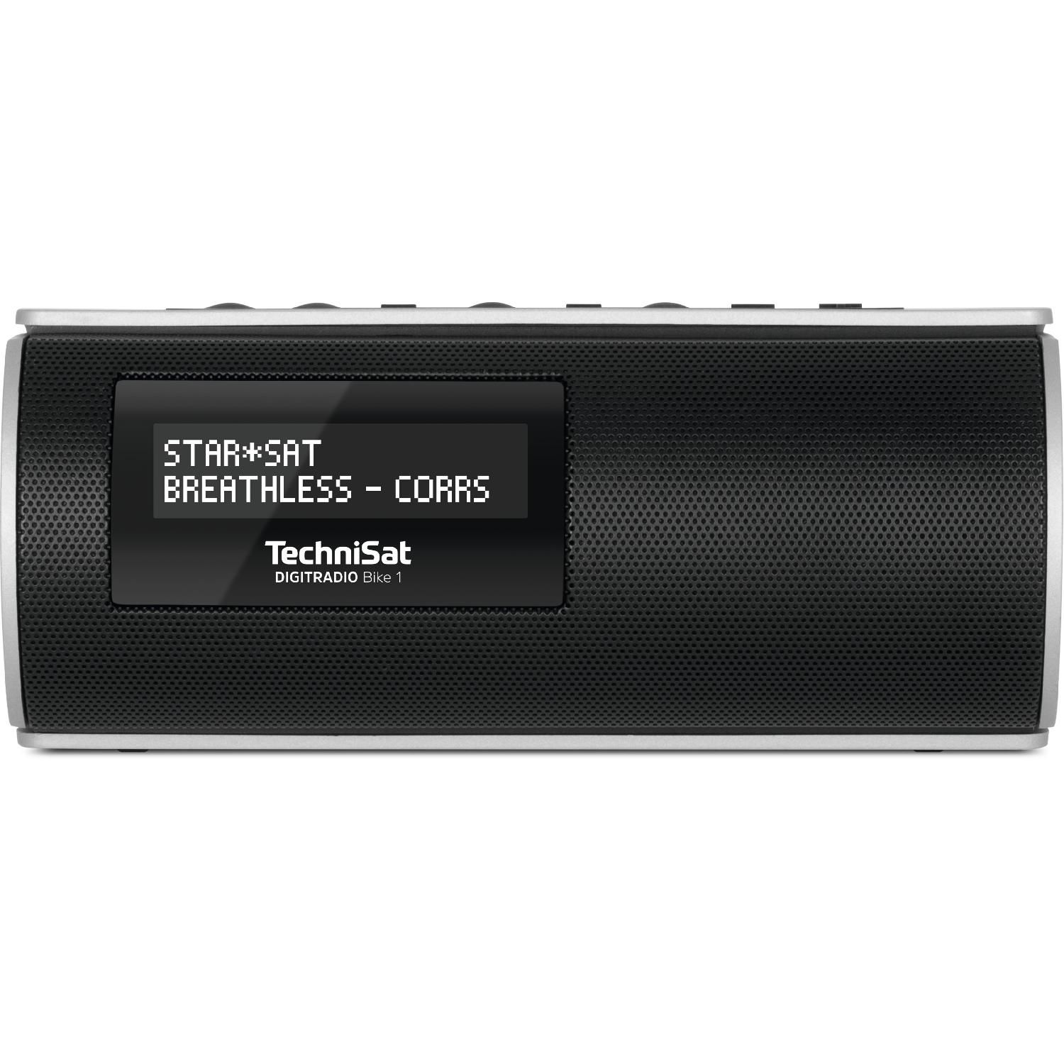 Czarno-srebrne radio przenośne z ekranem wyświetlającym informacje o utworze i artyście.