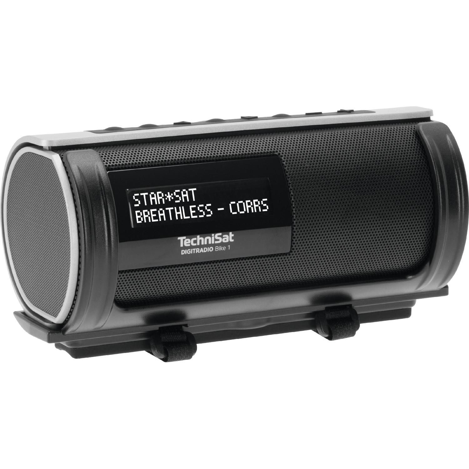 Czarno-srebrne radio przenośne z ekranem z info o utworze, zamontowane na czarnym uchwycie.