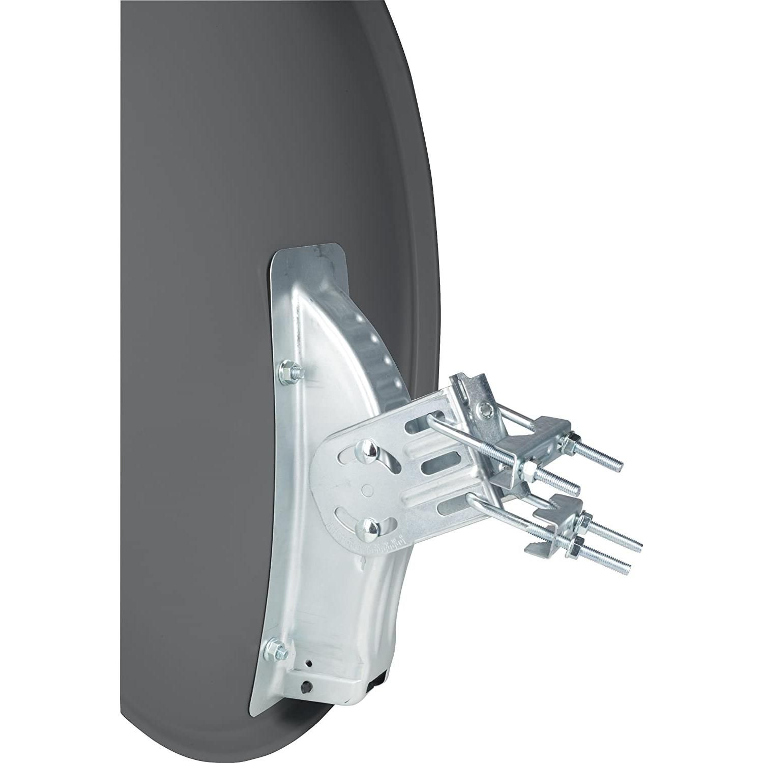 Nahaufnahme einer Satellitenschüssel und ihrer Halterung.