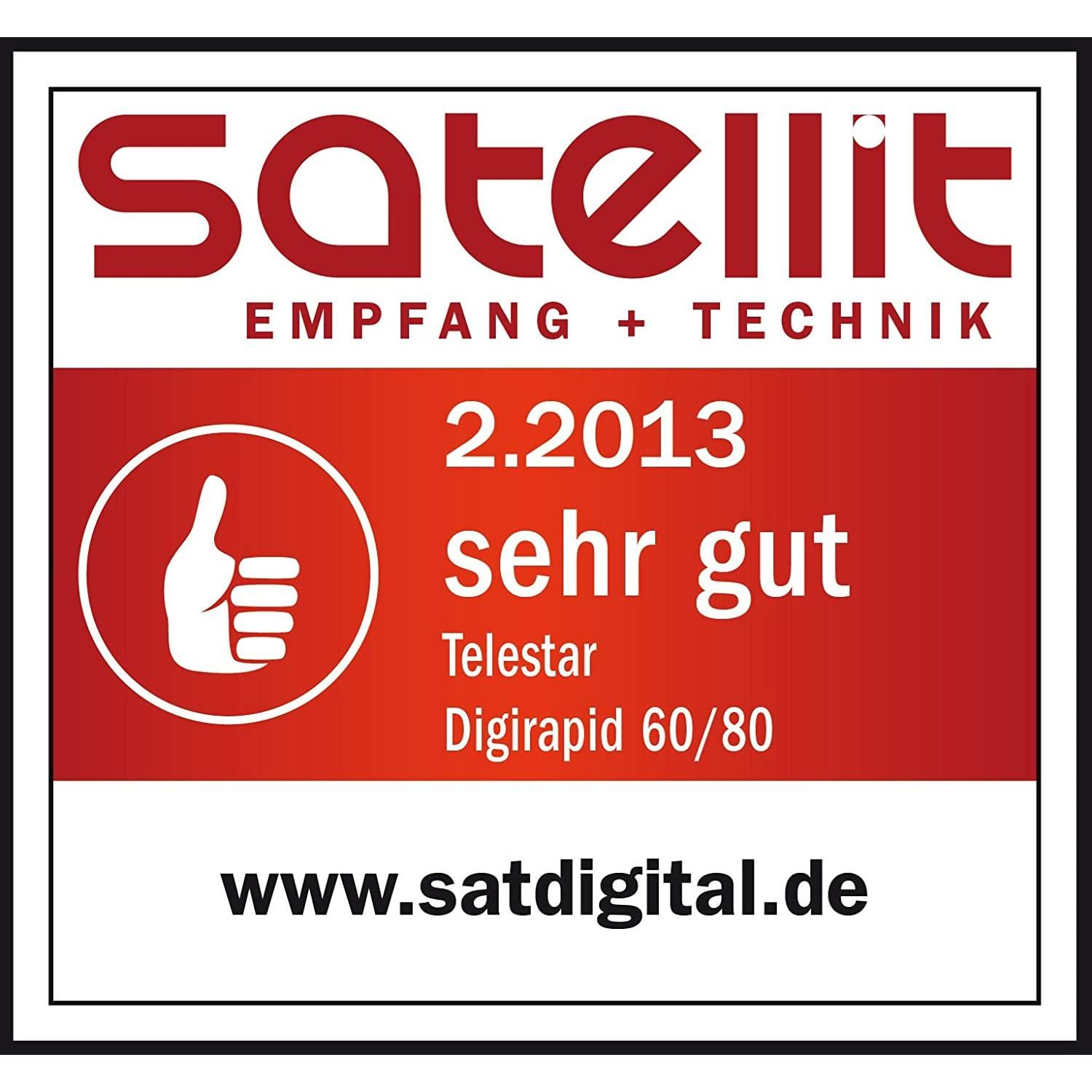 Rotes und weißes Produktlabel mit Text und Daumen-hoch-Symbol.