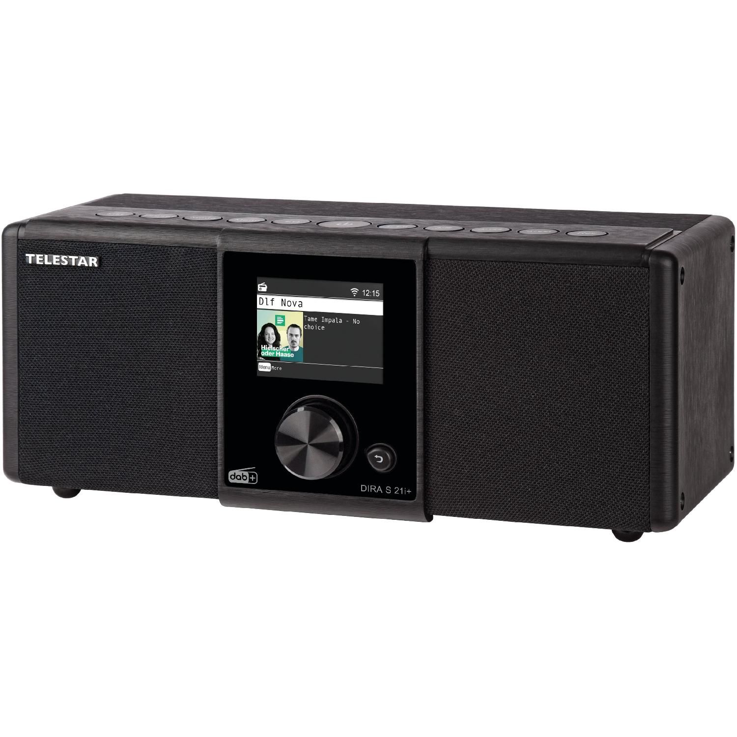 Black Telestar radio. Has a screen showing information. DAB+ logo is visible. It has a knob.