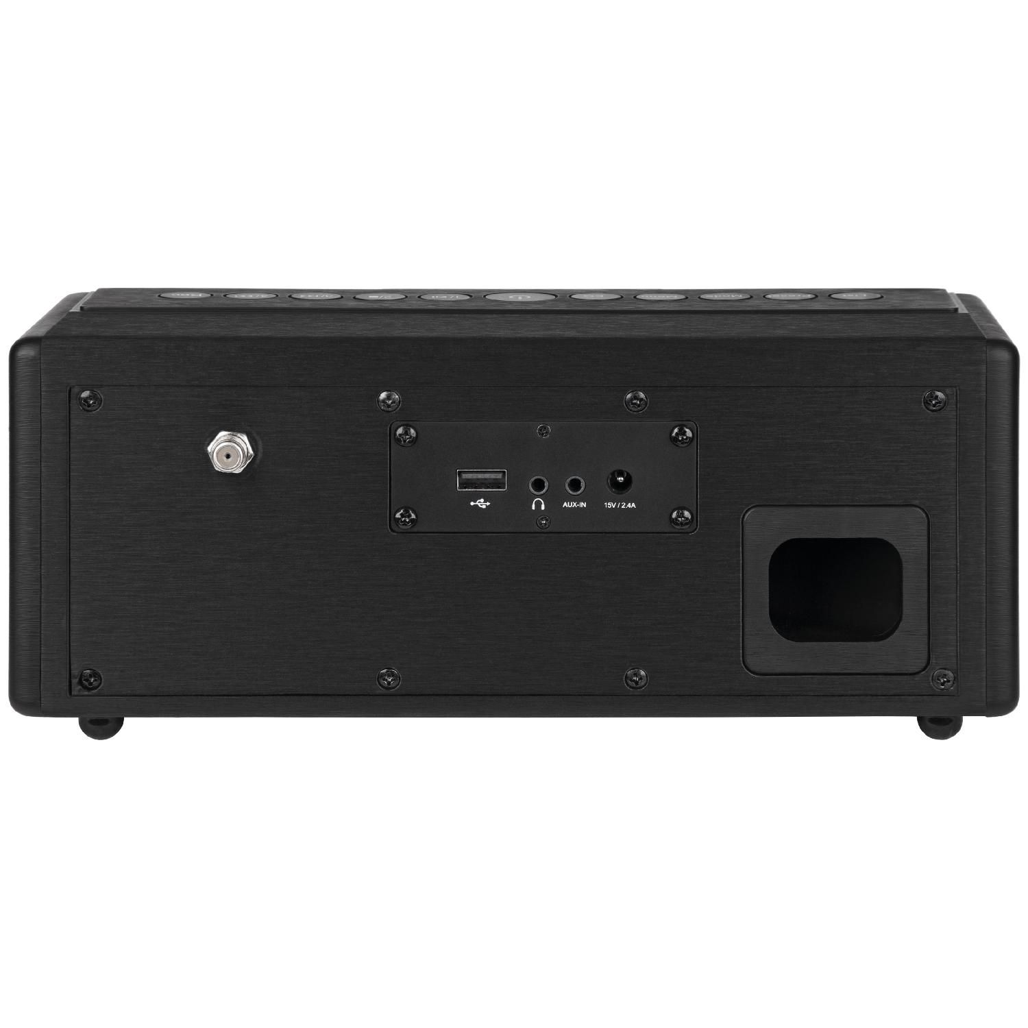 Black speaker with multiple buttons and ports on the back.