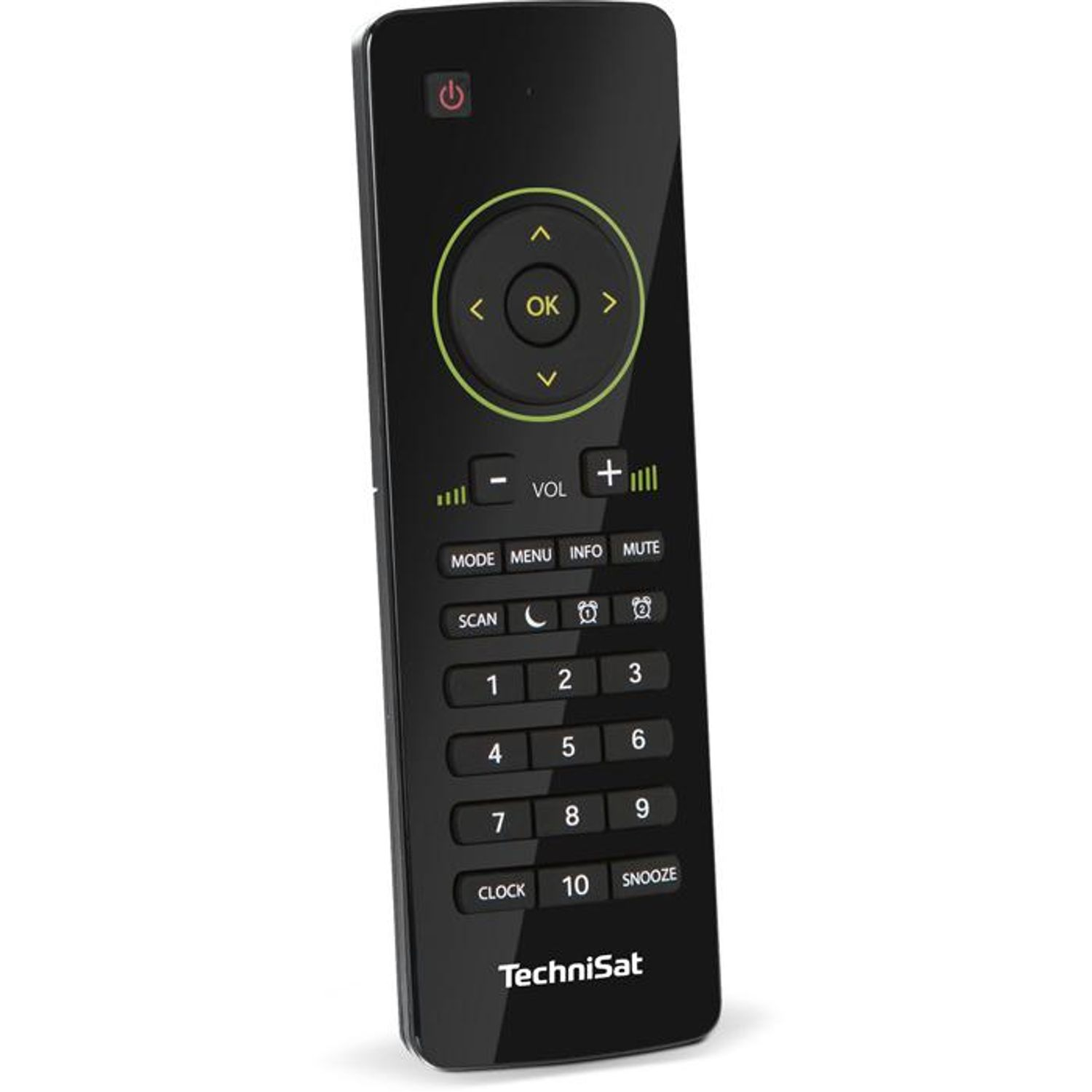 Telecomando nero con molti pulsanti, tra cui alimentazione, volume e selezione canali.