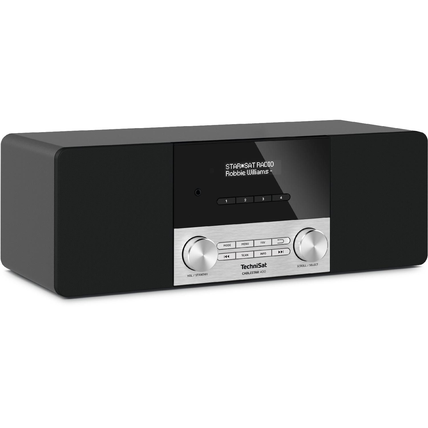 Schwarzes TechniSat-Radio mit Bildschirm und silbernen Knöpfen. Das Display zeigt einen Sendernamen.