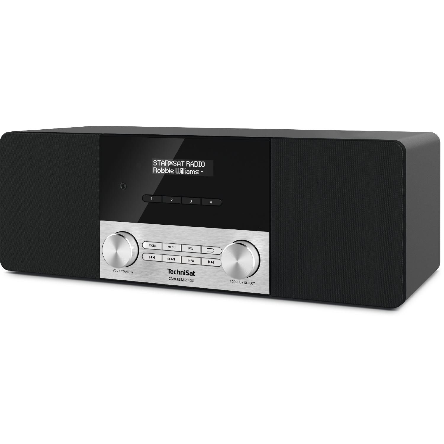 Schwarzes TechniSat Radio. Silberne Bedienelemente, schwarze Lautsprecher. Anzeige Sender und Künstler.