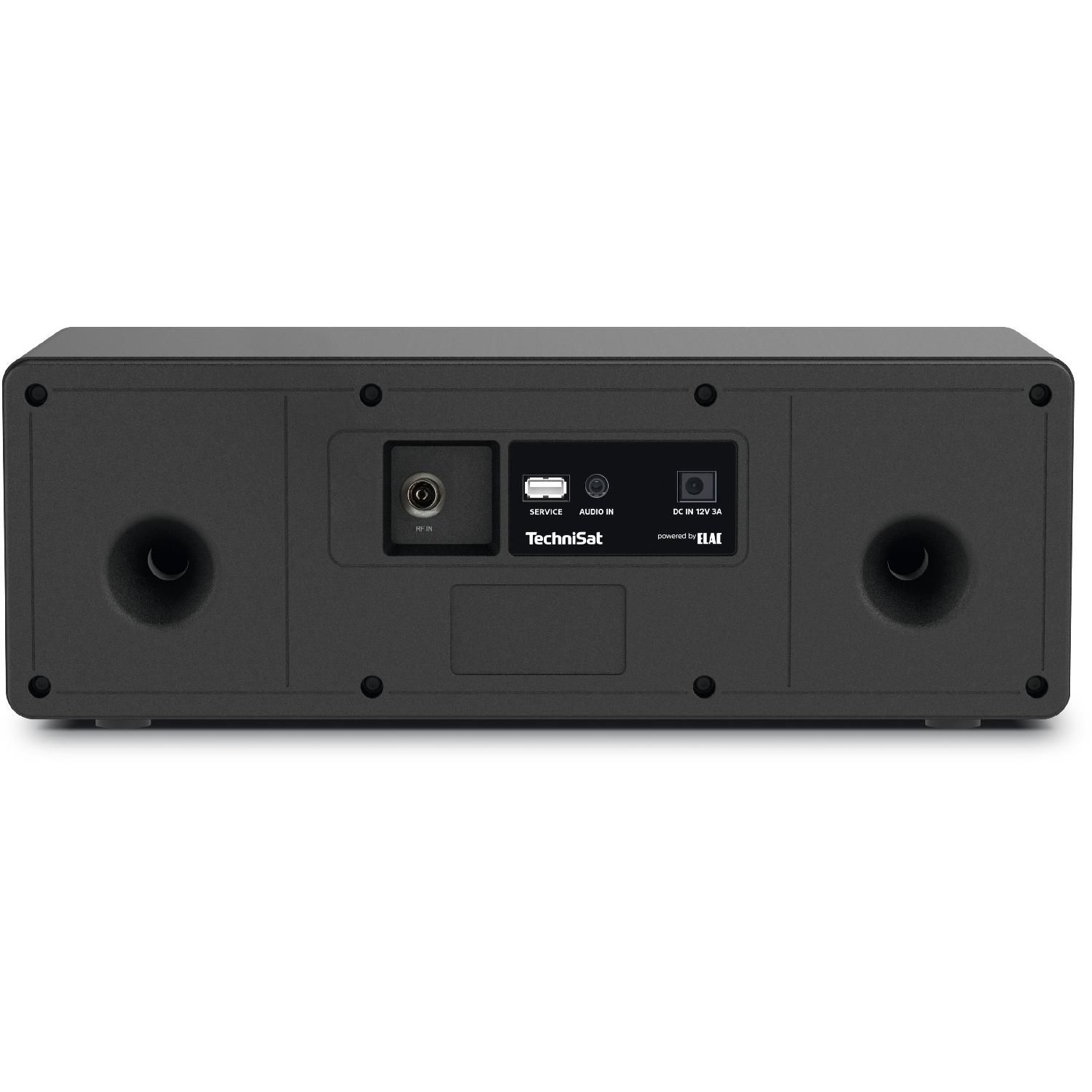 Die Rückseite einer schwarzen Soundbar mit Anschlüssen und einem Technisat-Logo.