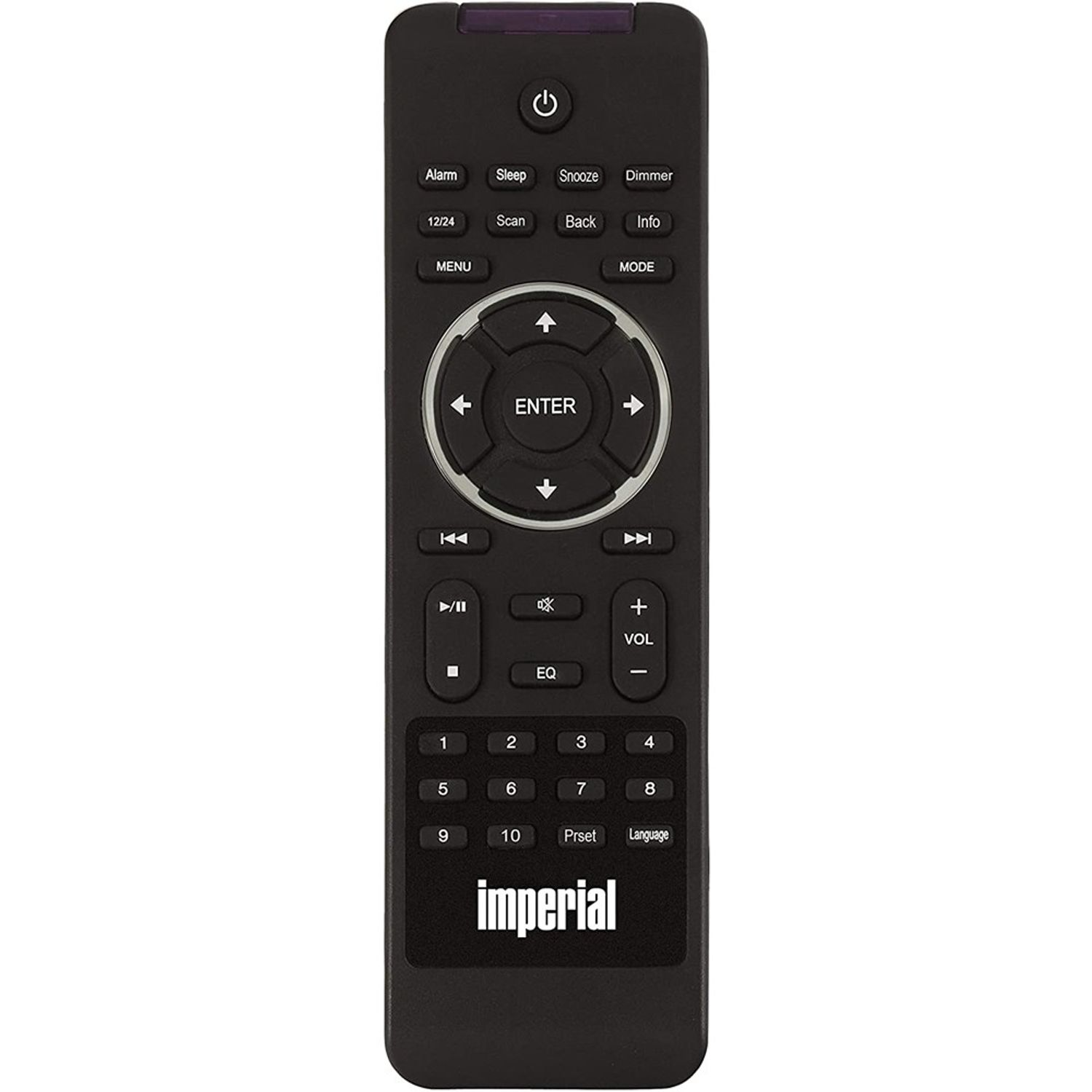 Czarny pilot z wieloma przyciskami, w tym zasilaniem, głośnością i klawiszami numerycznymi.