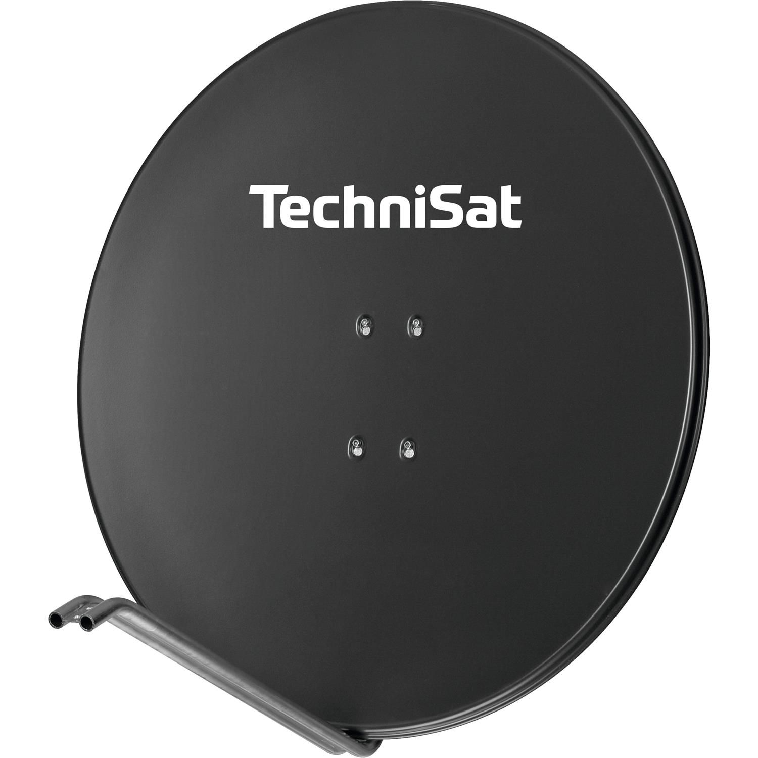 Schwarze Satellitenschüssel mit dem Logo TechniSat und einem Metallstützarm.