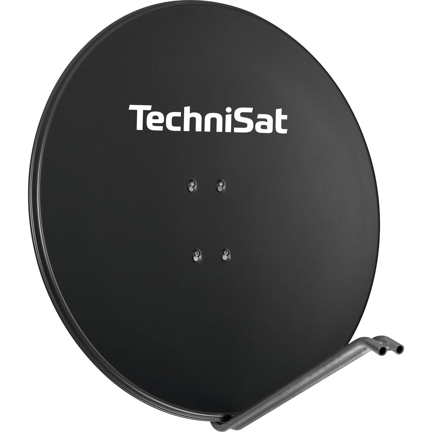 Schwarze TechniSat-Satellitenschüssel mit Logo, montiert an einem silbernen Metallarm. Weißer Hintergrund.
