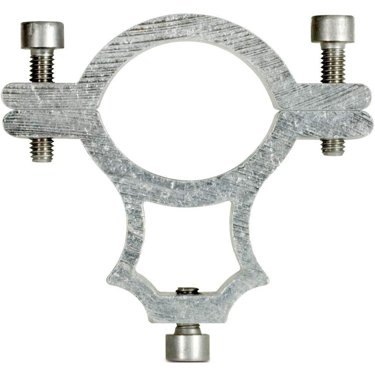 Metallhalterung mit Schrauben auf weißem Hintergrund, zur Befestigung von etwas Rundem.
