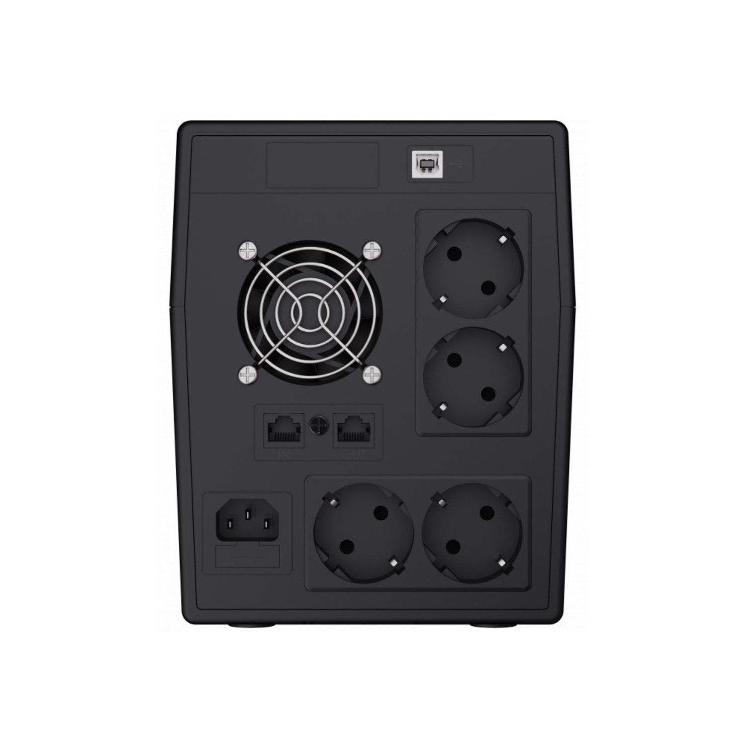 Wyświetlany jest tył czarnego zasilacza UPS z wieloma gniazdami zasilania i wentylatorem.