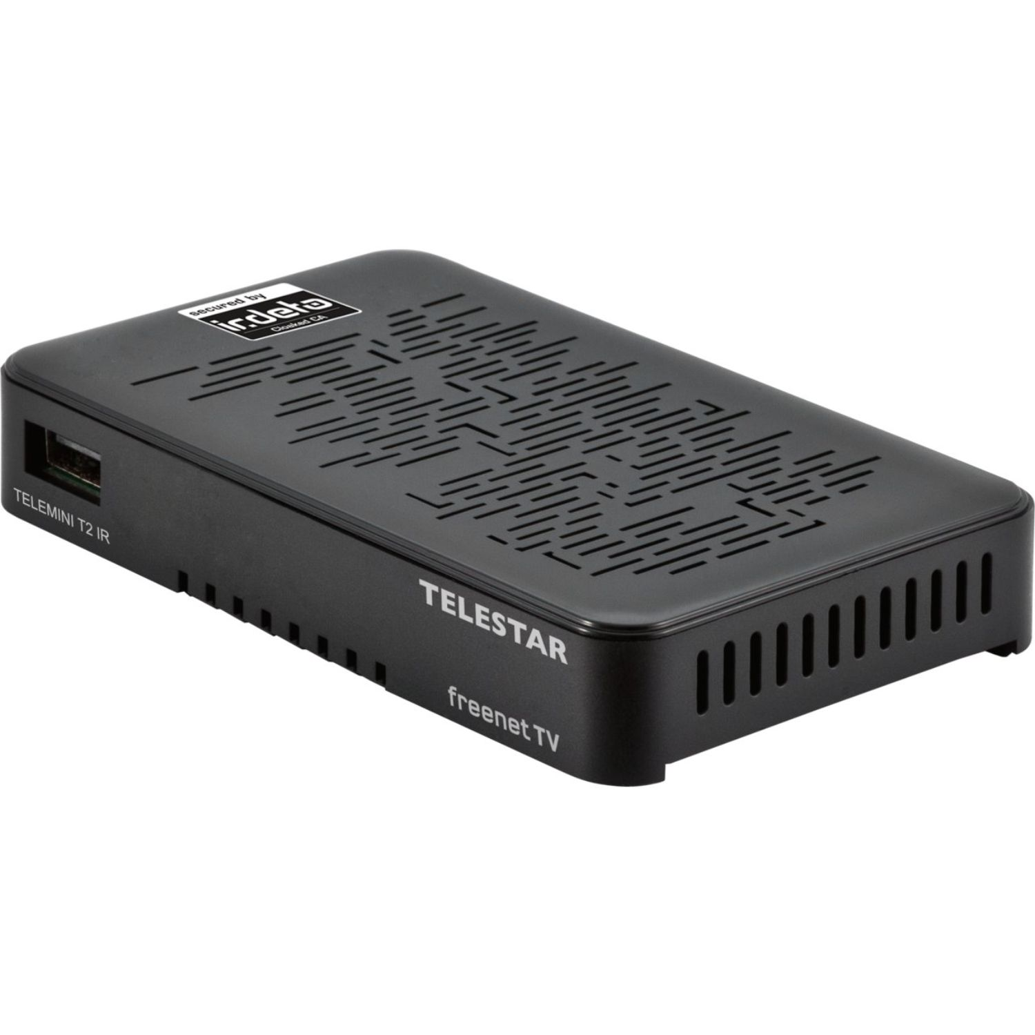 Schwarze Telestar TV-Box mit Markennamen auf der Vorderseite.