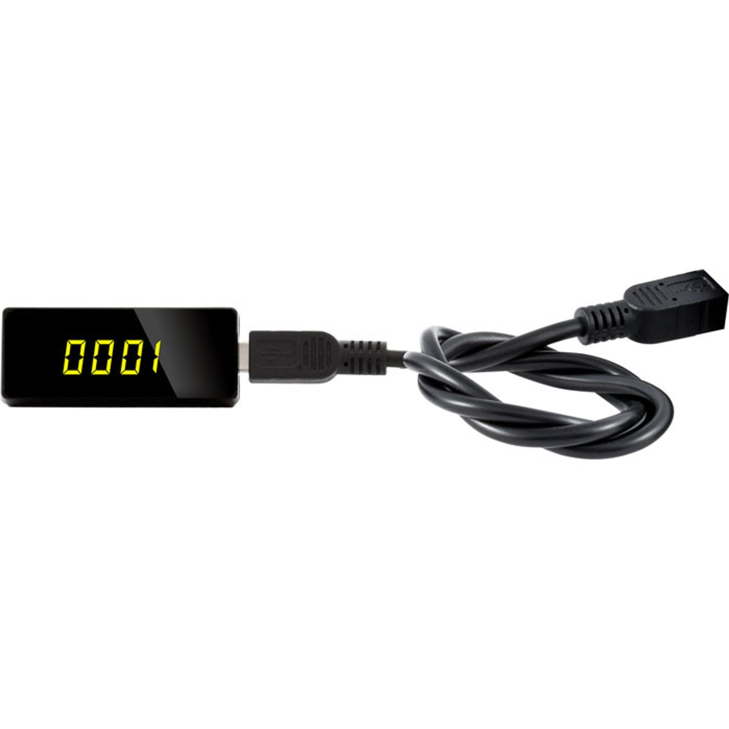 Ein schwarzes USB-Gerät mit einem Bildschirm, auf dem Zahlen angezeigt werden. Ein schwarzes Kabel ist angeschlossen, mit USB- und Nicht-USB-Ende.