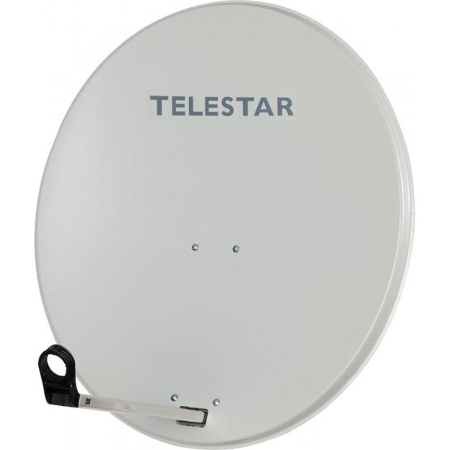 Weiße Satellitenschüssel mit dem Wort "TELESTAR" darauf gedruckt.
