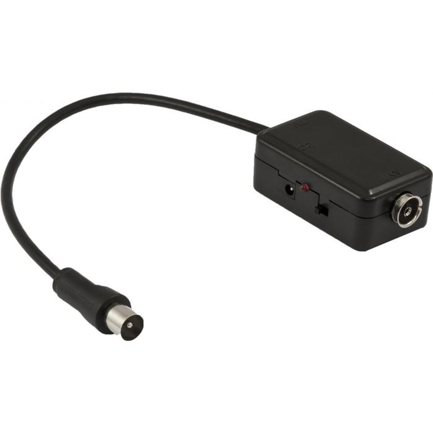 Schwarzer TV-Antennenadapter mit Kabel und Stecker. Der Stecker ist links.