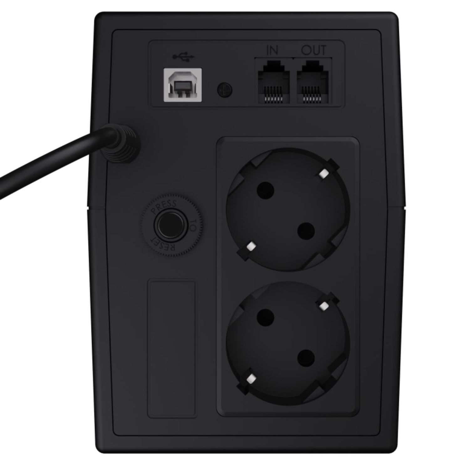 Tył czarnego urządzenia UPS z gniazdami zasilania, przyciskiem reset i portem USB.