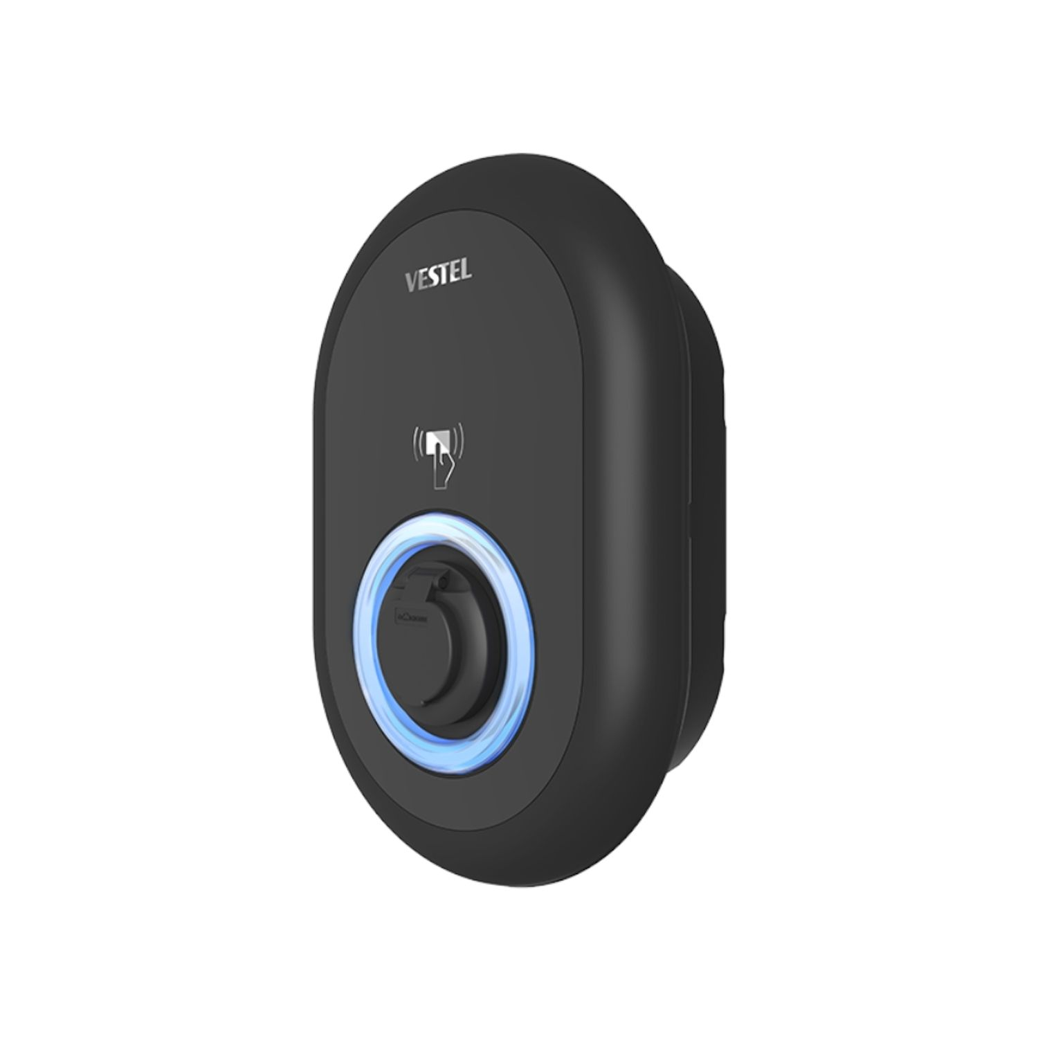 Eine schwarze Vestel Ladestation für Elektrofahrzeuge mit blauem Lichtkreis.