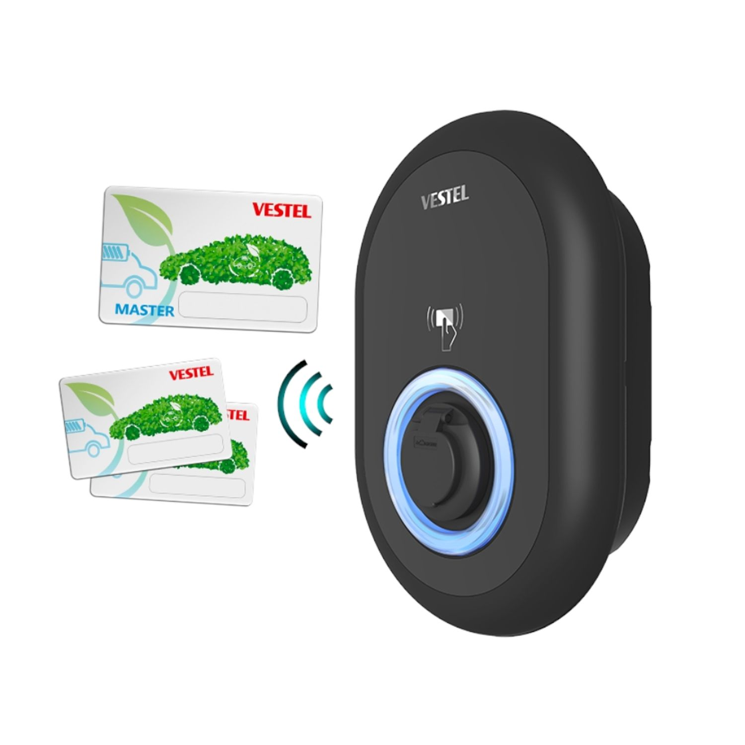 EV-Ladegerät. Schwarzes EV-Ladegerät mit zwei Ladekarten. Blaues Licht um den Ladeanschluss.