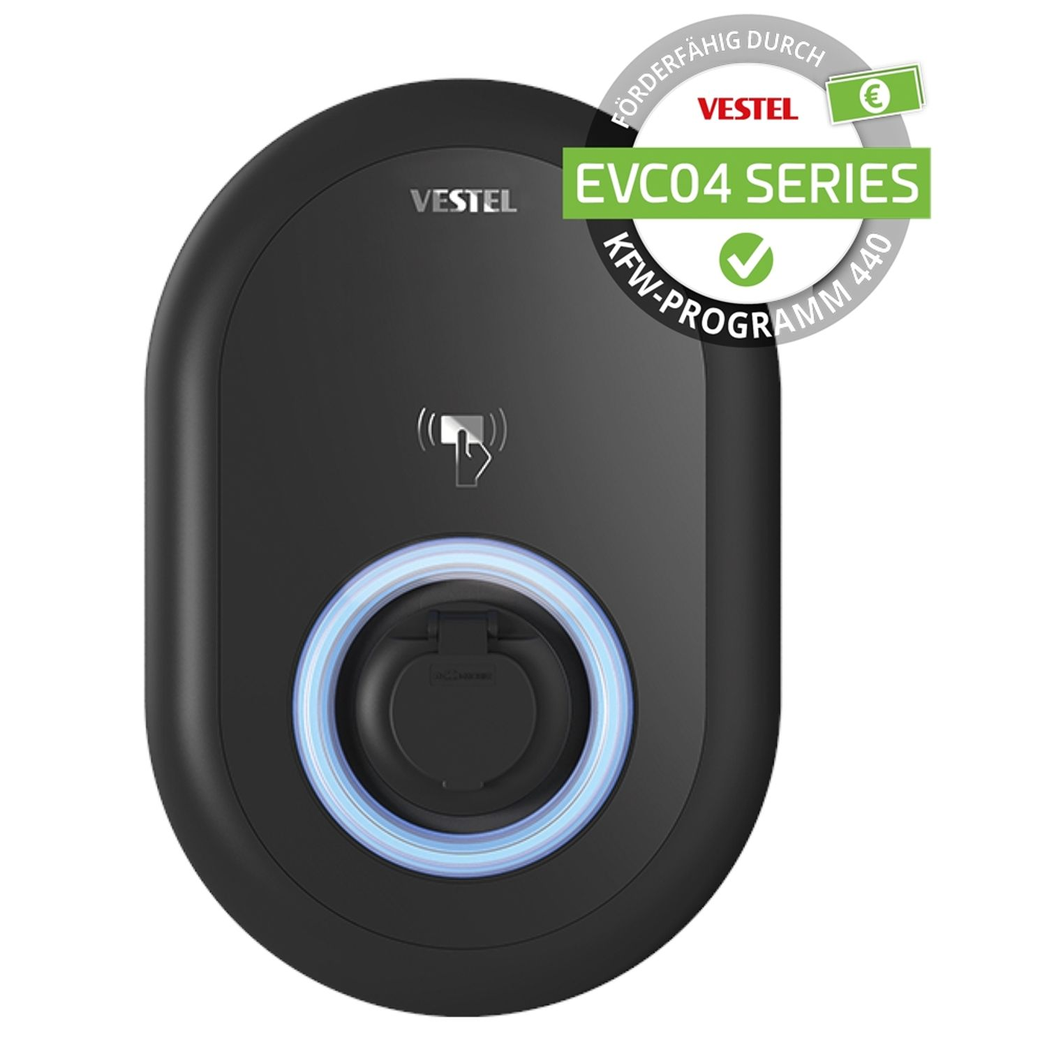 Schwarzes EV-Ladegerät mit blauem Lichtring und einem KFW-PROGRAMM 440 Aufkleber.