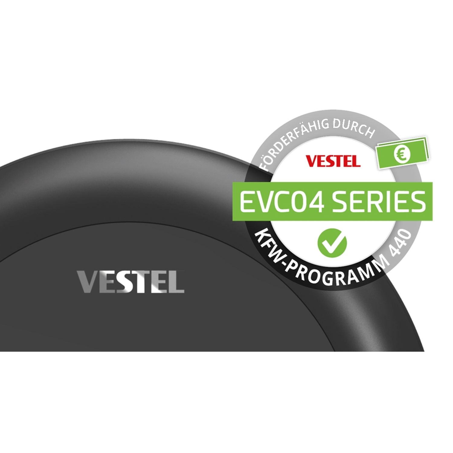 Ein schwarzes kreisförmiges Gerät mit grünem und weißem Logo, Text 'EVCO4 SERIES'.