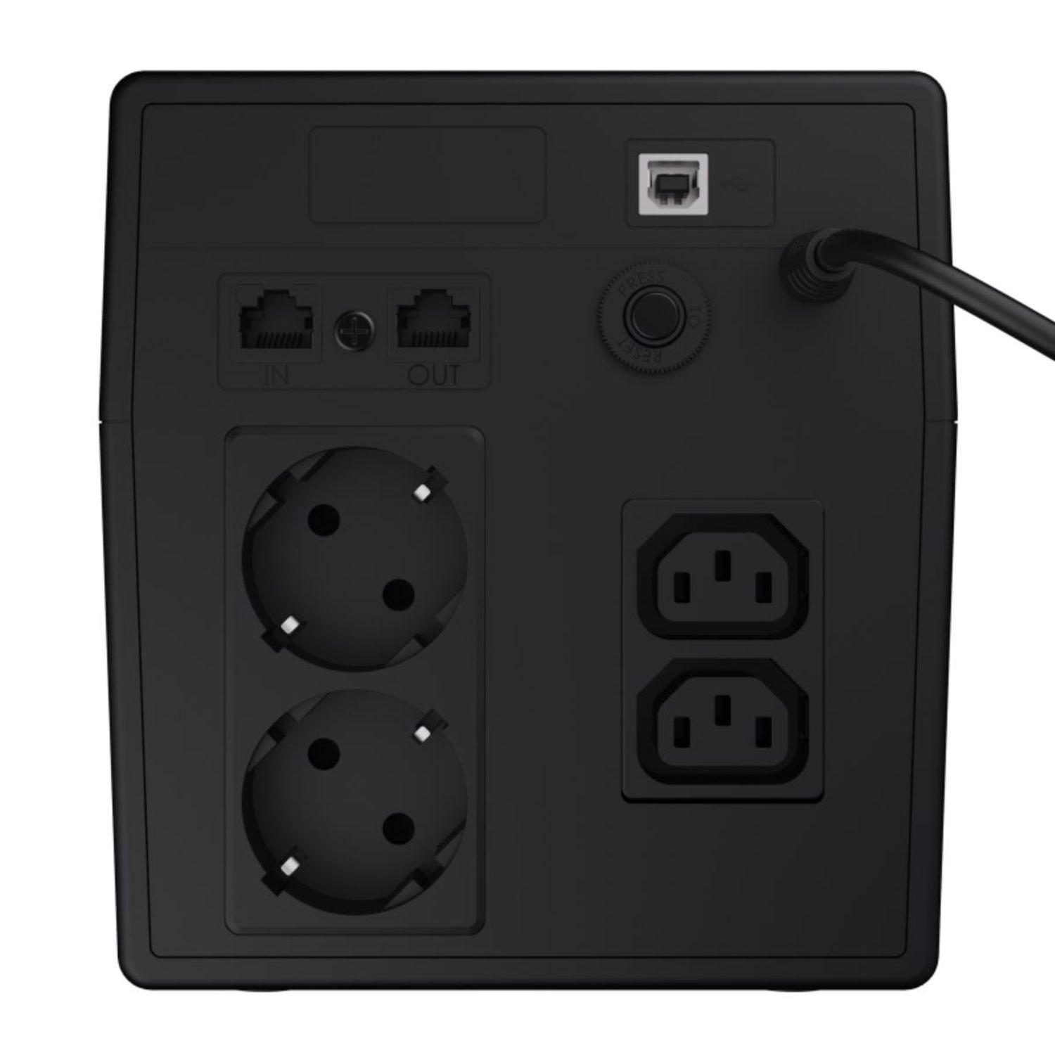 Panel tylny czarnego urządzenia UPS. Zawiera gniazda zasilania, port USB i porty połączeniowe IN/OUT.