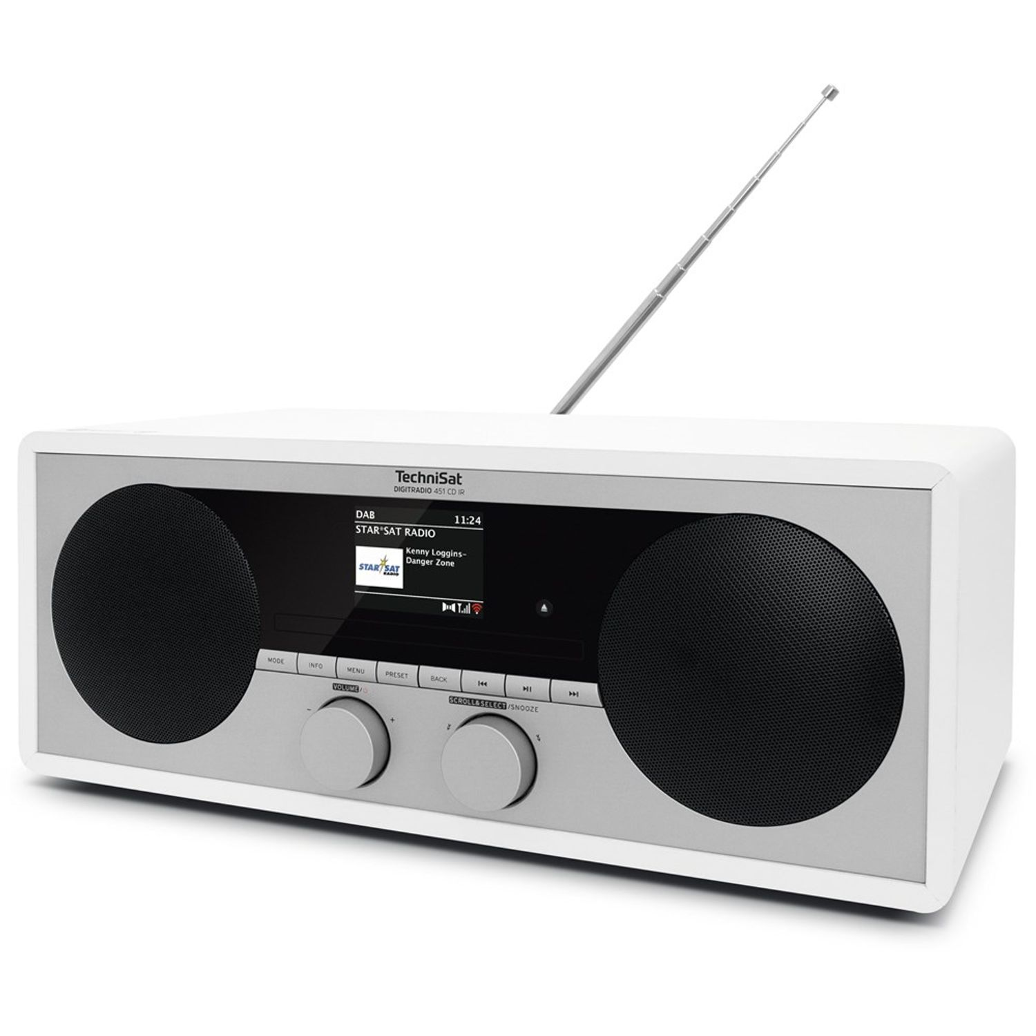 Radio DAB TechniSat bianca e argento, con display e due manopole di controllo.