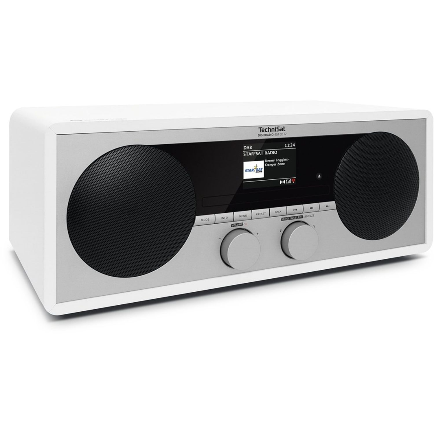 Radio DAB/SAT TechniSat bianca. Due altoparlanti, uno schermo che mostra informazioni radio e pulsanti.