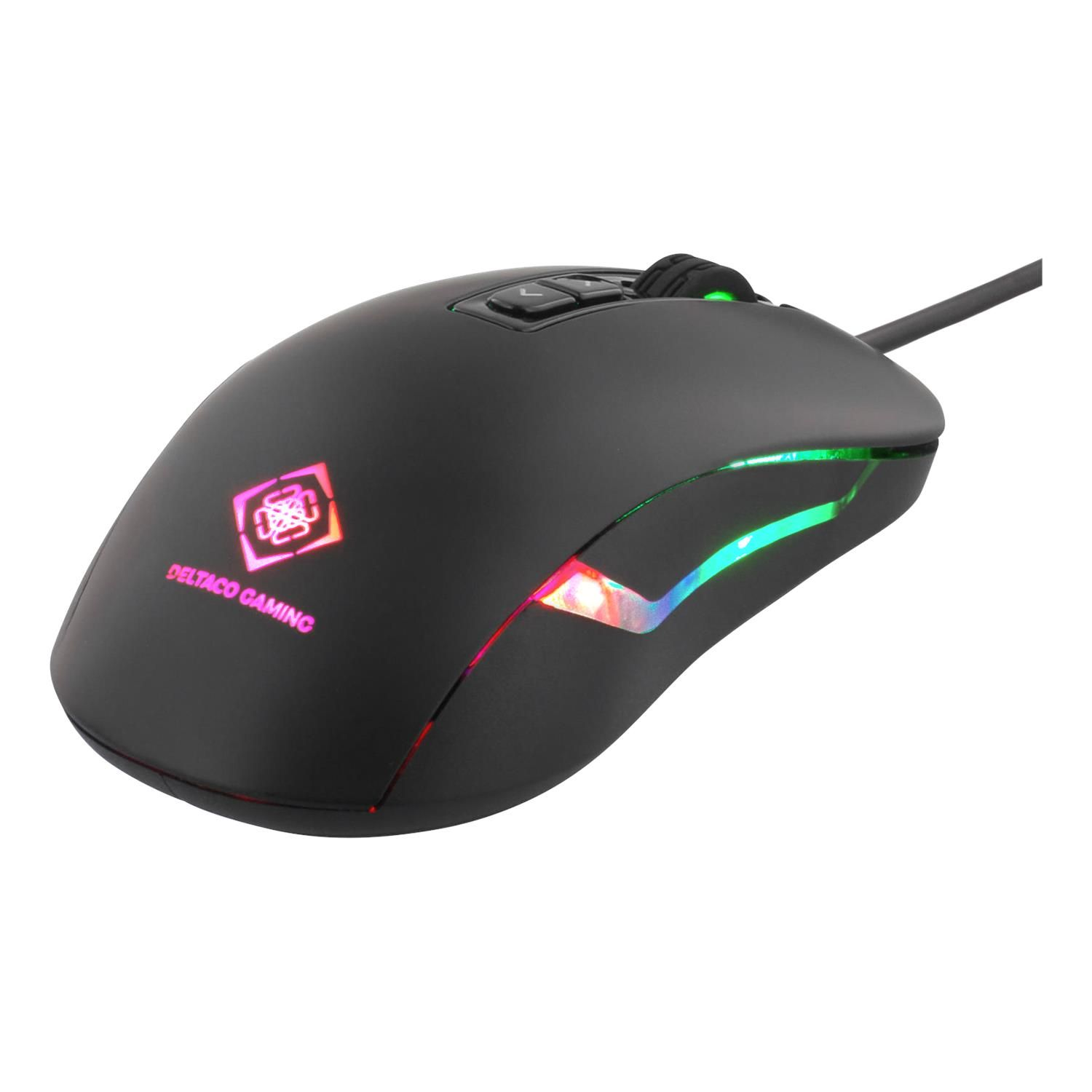 Eine schwarze Gaming-Maus mit RGB-Beleuchtung. Sie hat ein Logo und Seitentasten.