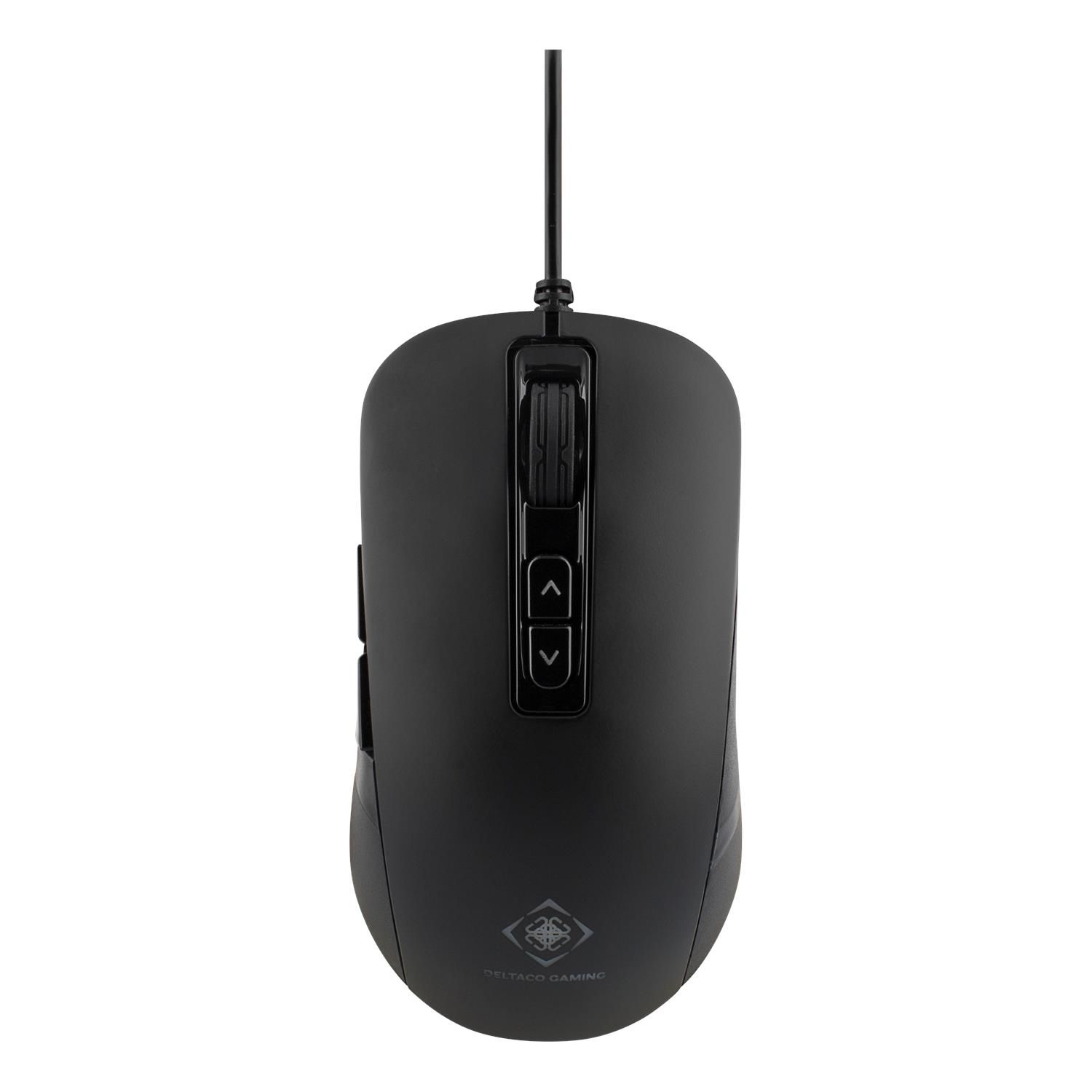 Schwarze Gaming-Maus mit Tasten, einem Scrollrad und einem Logo. Die Maus hat einen kabelgebundenen Anschluss.