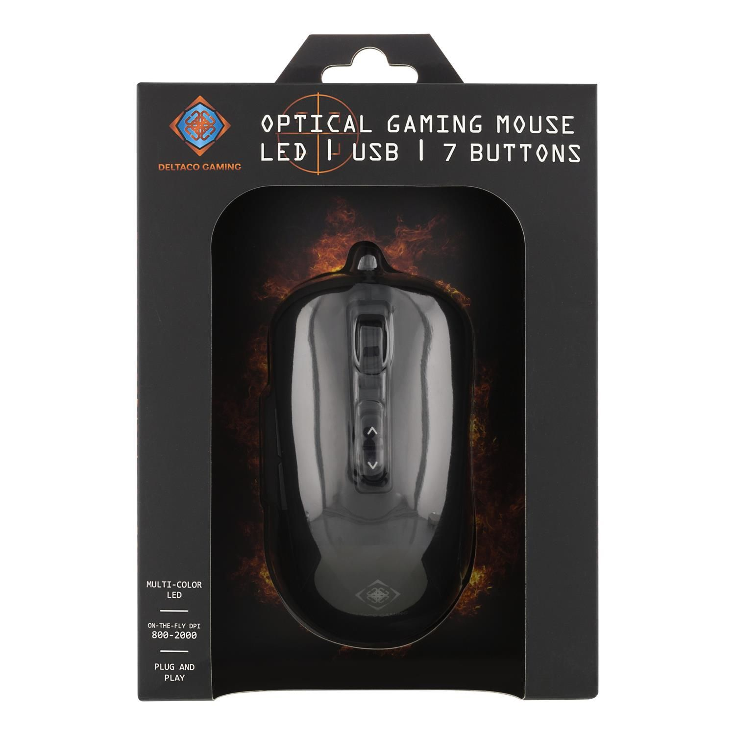 Gaming-Maus in schwarzer Verpackung mit Text und Logo.