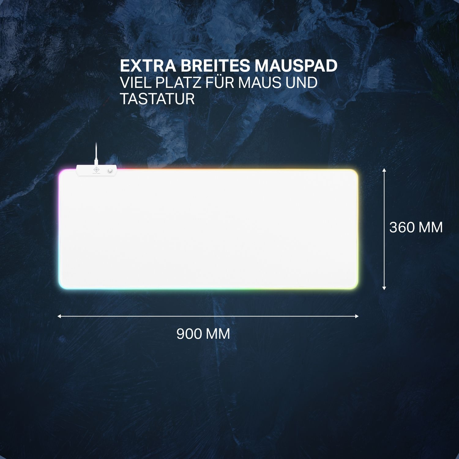 Large white gaming mousepad with RGB lighting and dimensions shown.