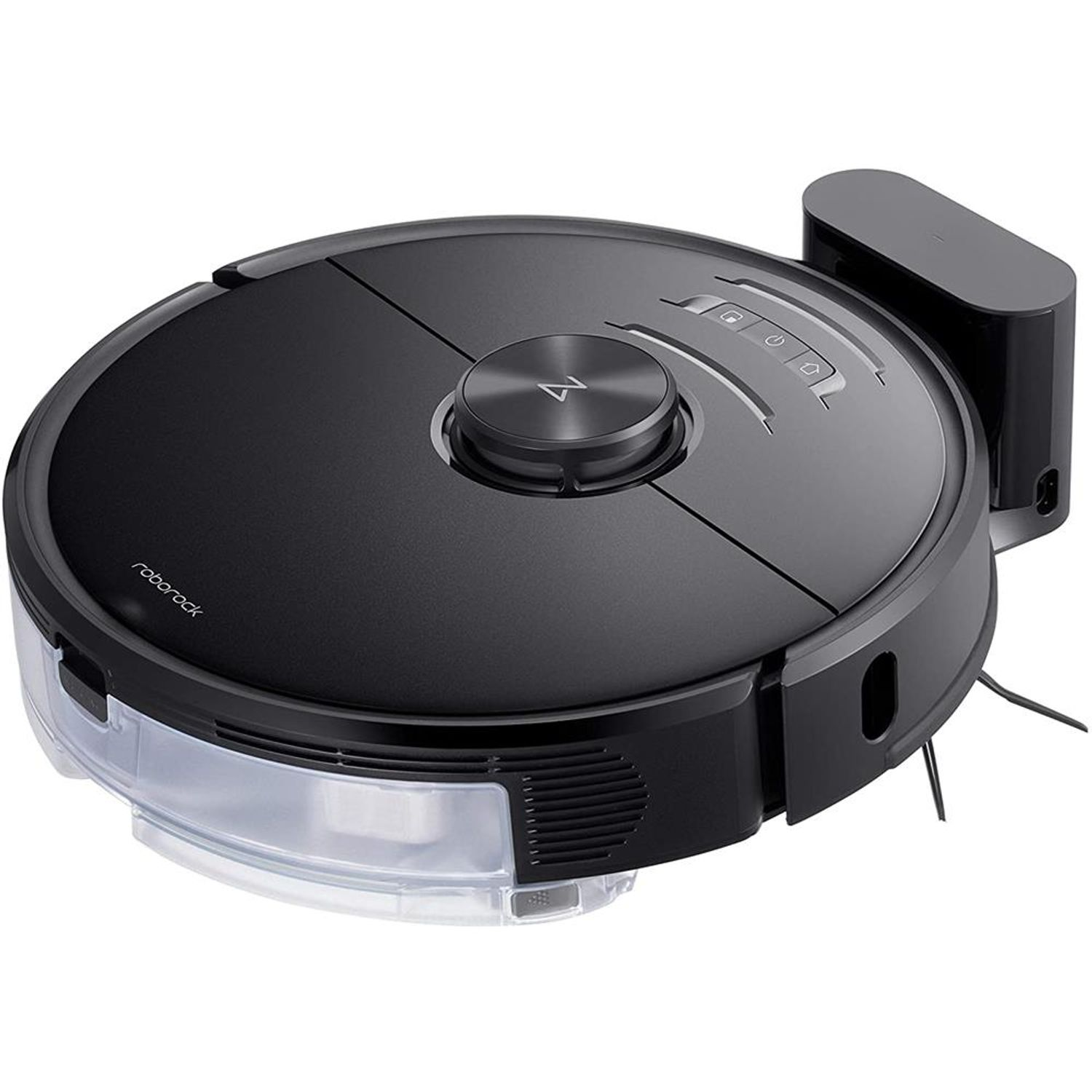 Schwarzer Roboter-Staubsauger mit rundem Design und Wassertank vorne.