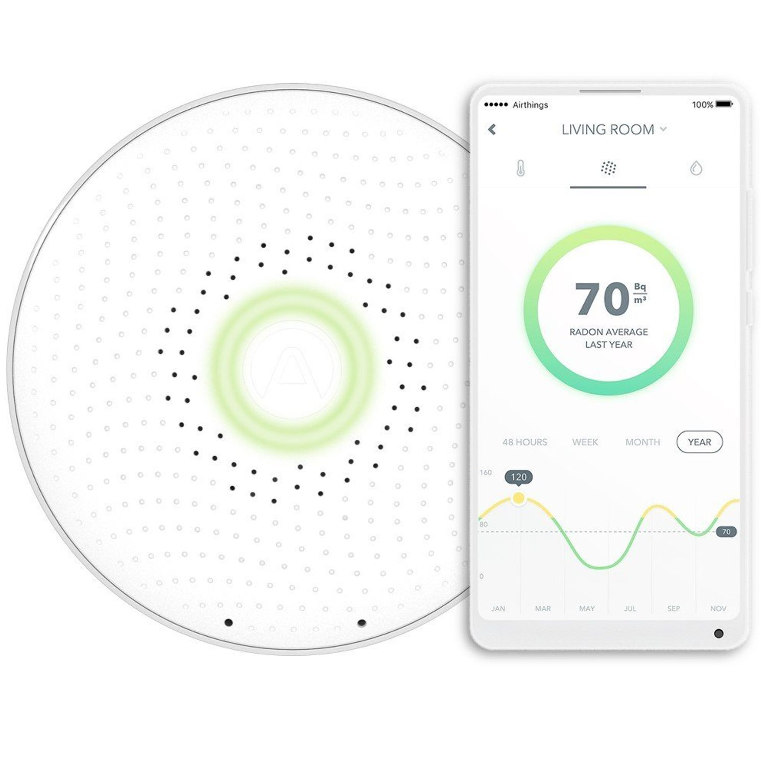 Airthings Radon-Detektor und ein Smartphone, das ein Diagramm der Radonwerte anzeigt.