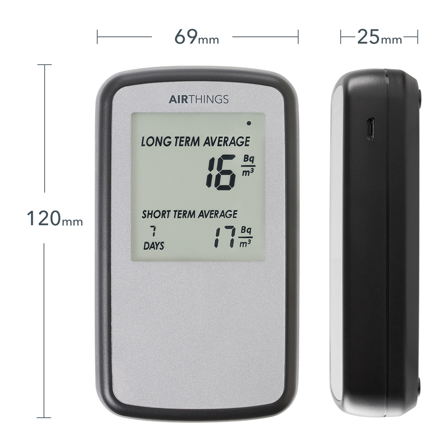 Rilevatore di radon Airthings, che mostra medie a lungo e breve termine. Misurazioni in Bq/m³.
