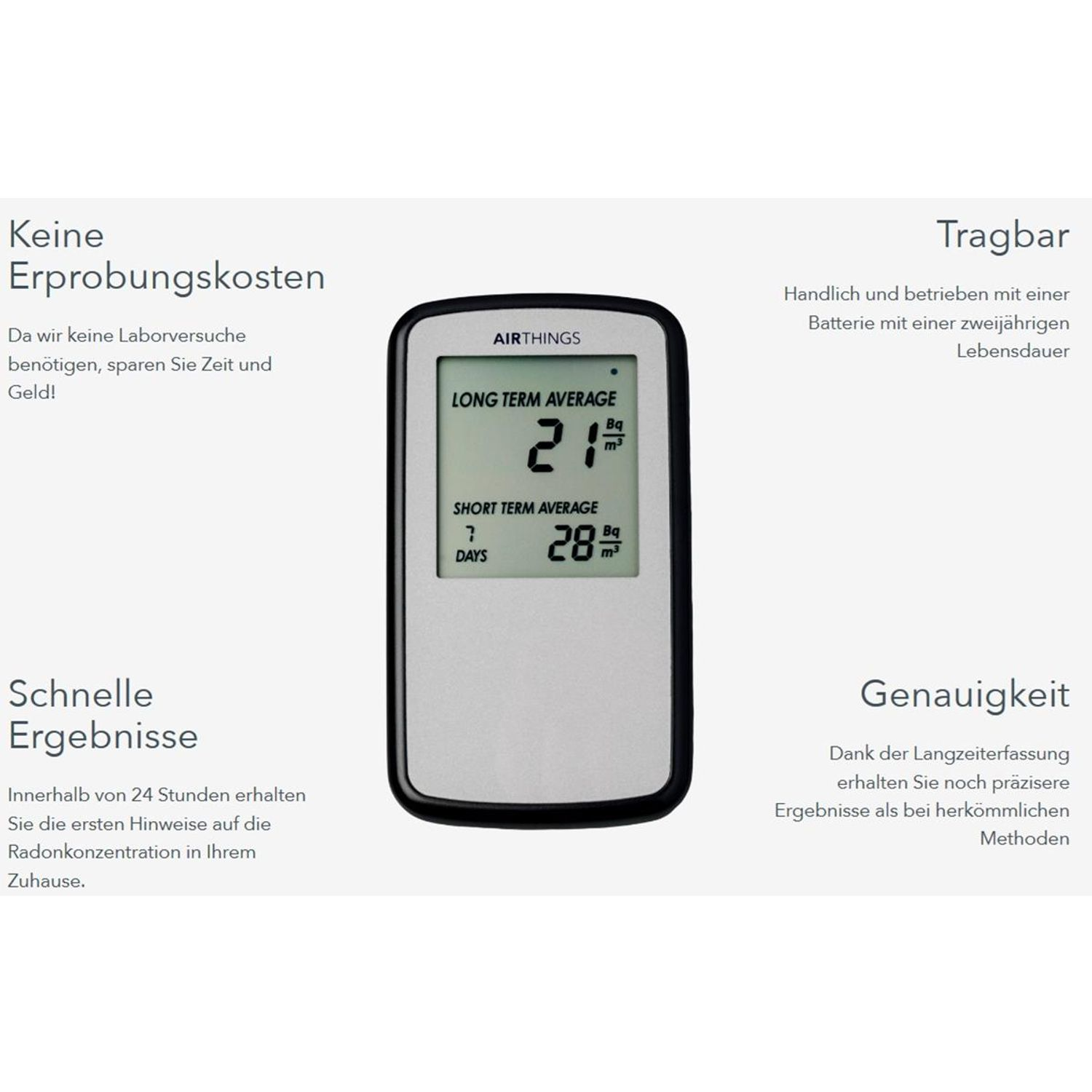 Un dispositivo bianco con display digitale che mostra i livelli di radon. Il testo spiega i risultati e le caratteristiche.