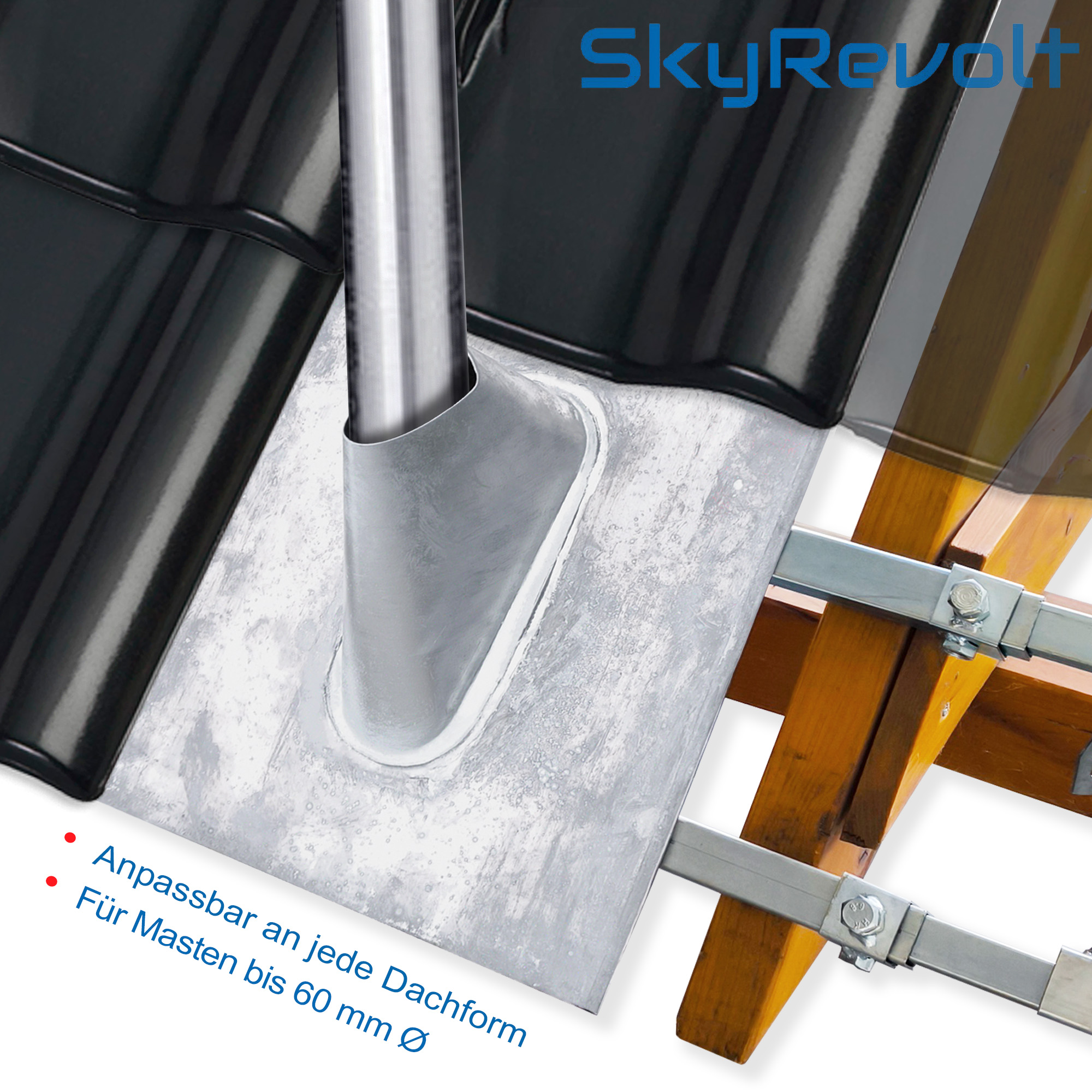 Eine Dachlüfterinstallation mit Metallbasis und Rohr. Es befindet sich auf einem schwarzen Dach.