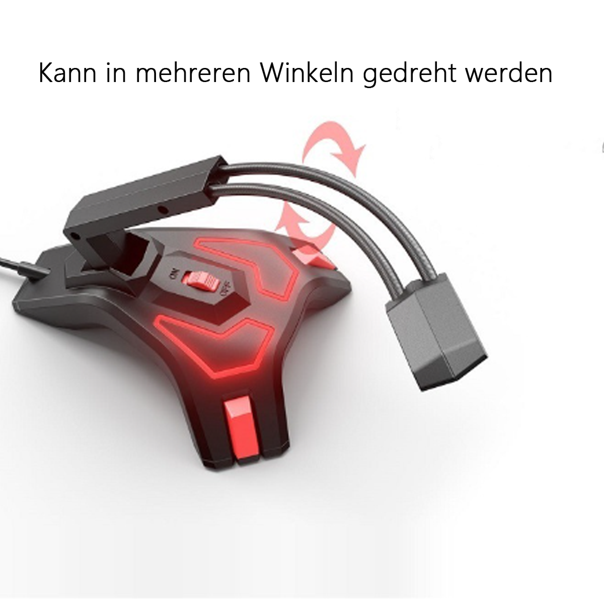 Eine Gaming-Mausbasis mit rotem Licht und zwei Mikrofonarmen. Text: Kann in mehreren Winkeln gedreht werden.