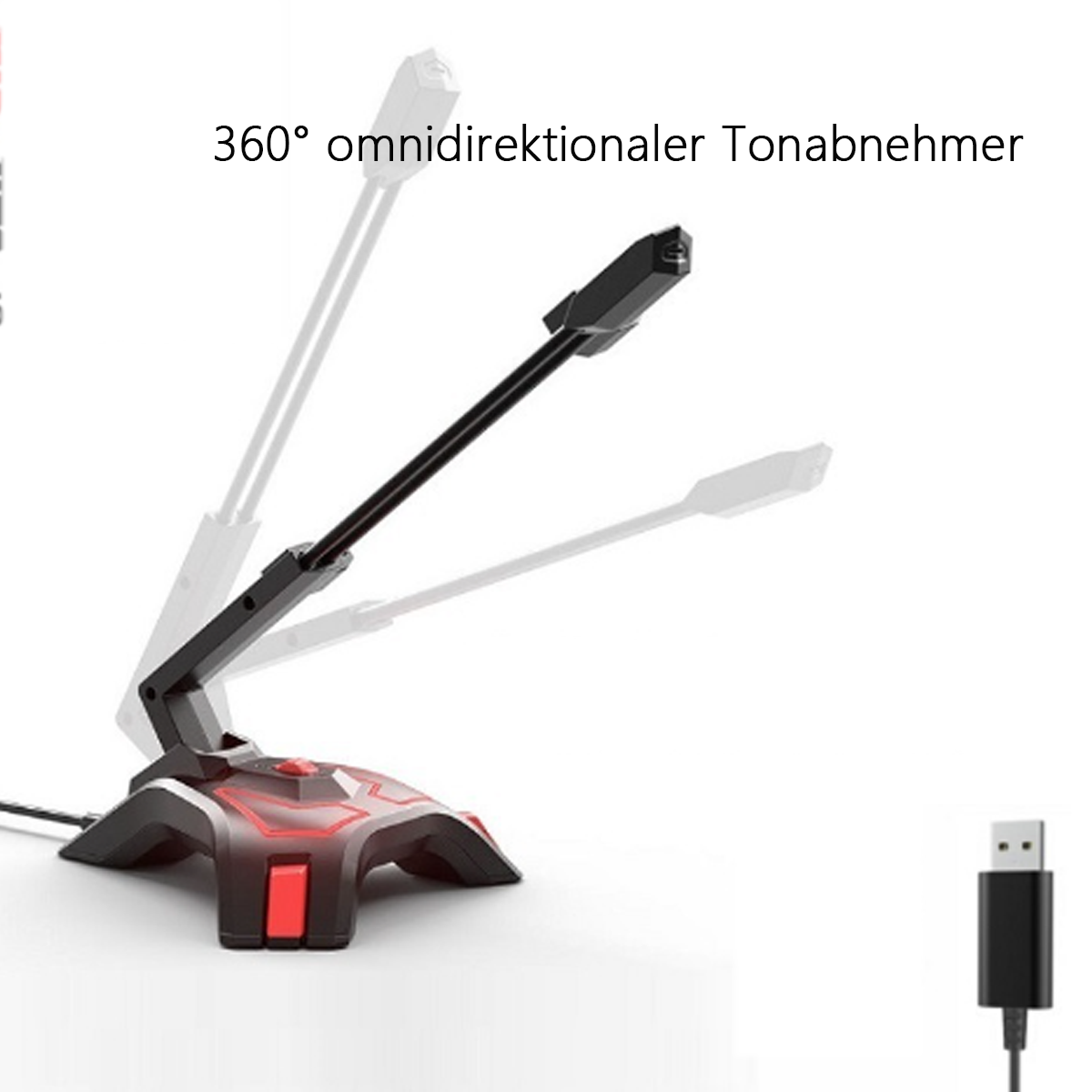 Schwarzes Mikrofon mit roter Basis. Verstellbarer Arm. Weißer Hintergrund.