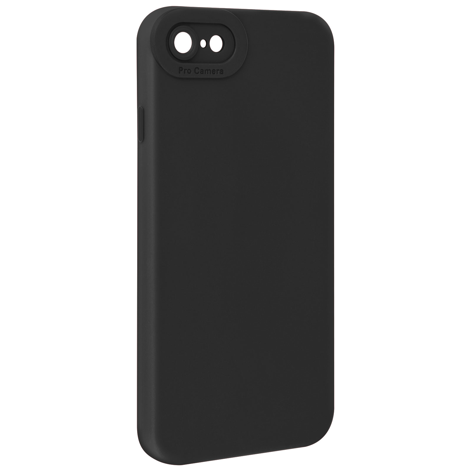 Coque de téléphone noire avec découpe pour l'appareil photo. L'étui est uni et a une surface lisse.