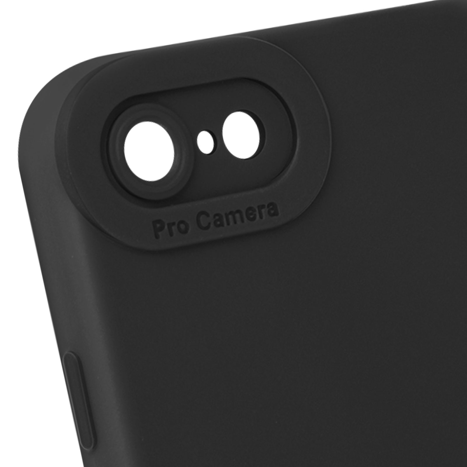 Une coque de téléphone noire avec une bosse pour l'appareil photo et les mots 'Pro Camera'.