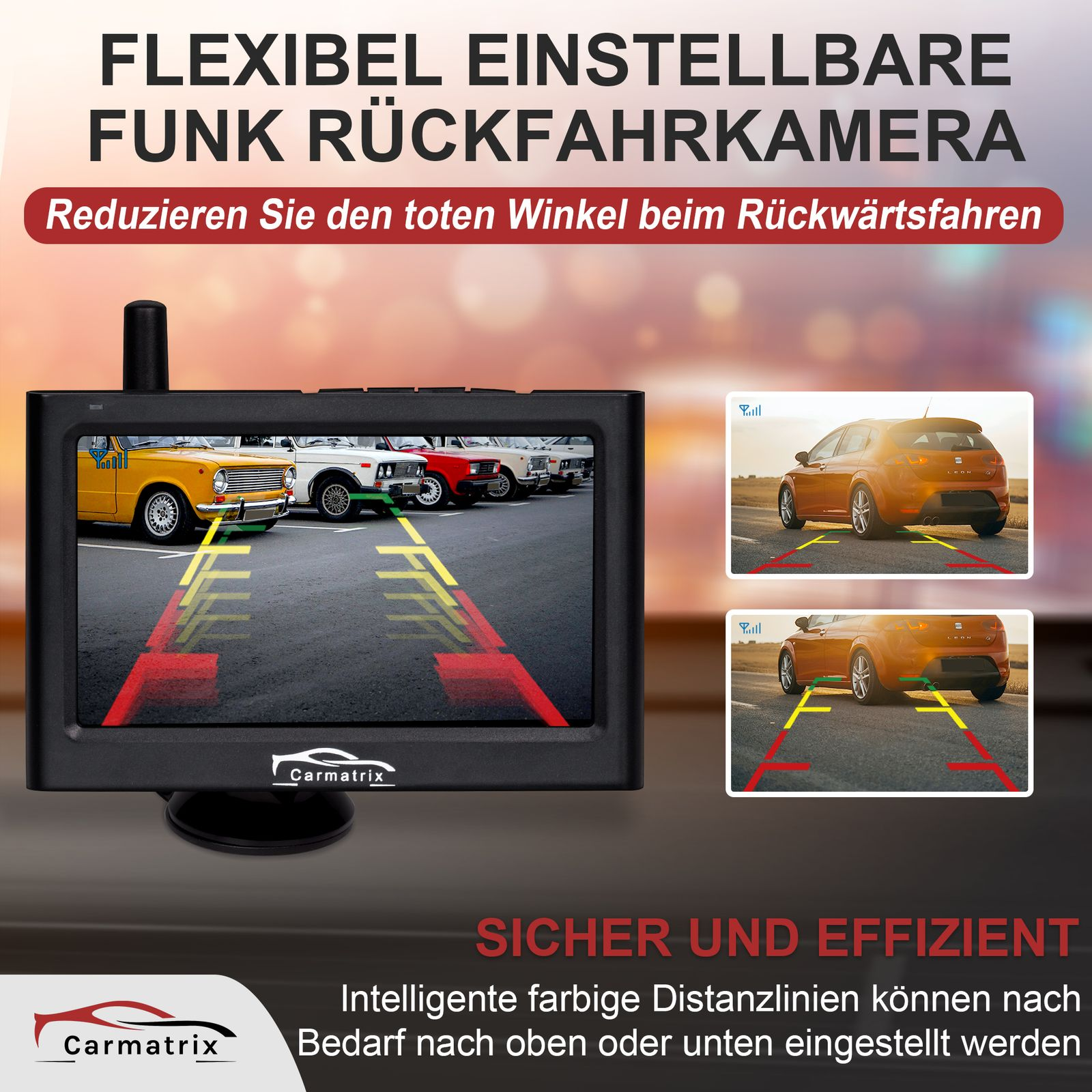 Rückfahrkamera-Bildschirm mit Parklinien, Auto-Bildern und Text.
