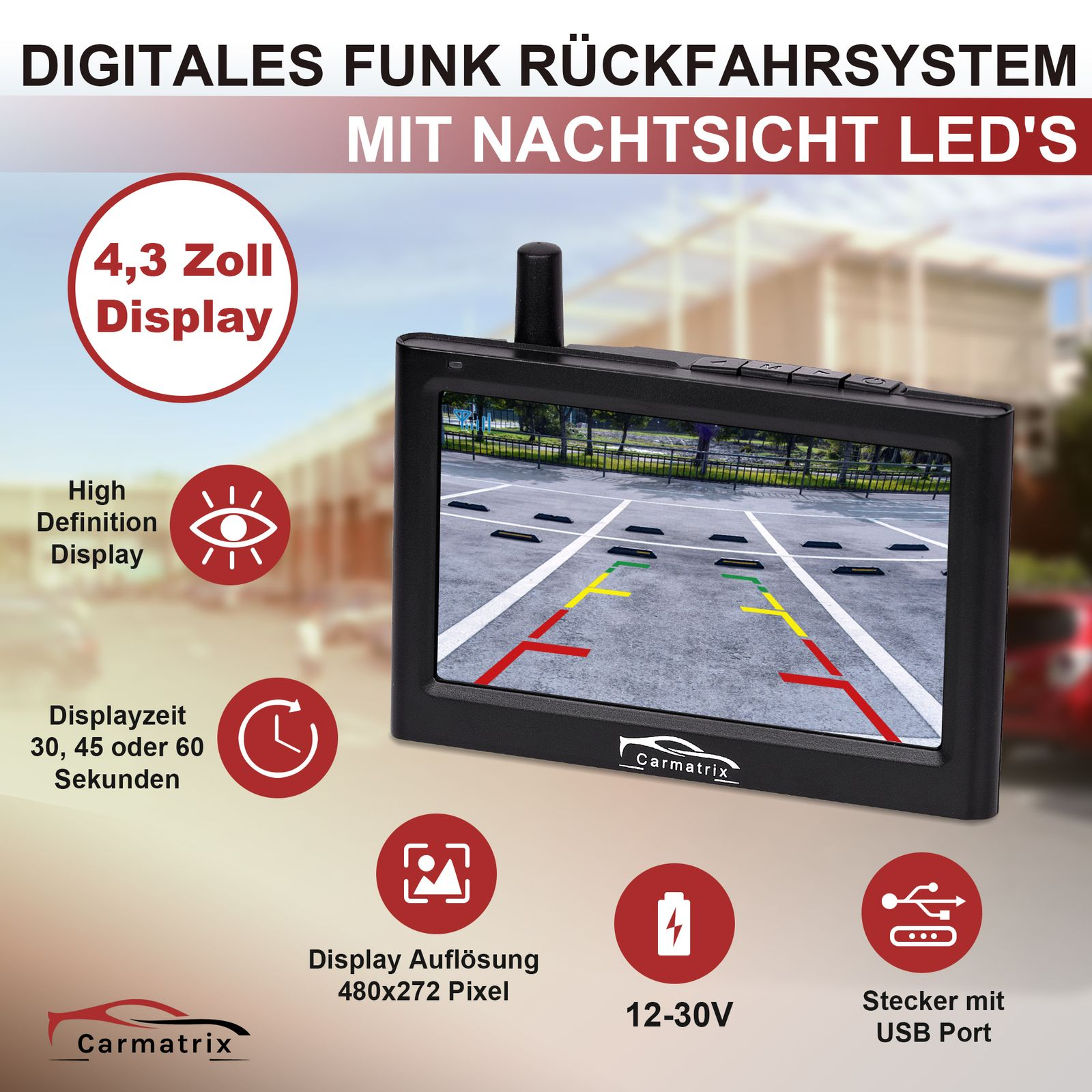 Rückfahrsystem mit Display, Parkplatzansicht, Text und Icons.