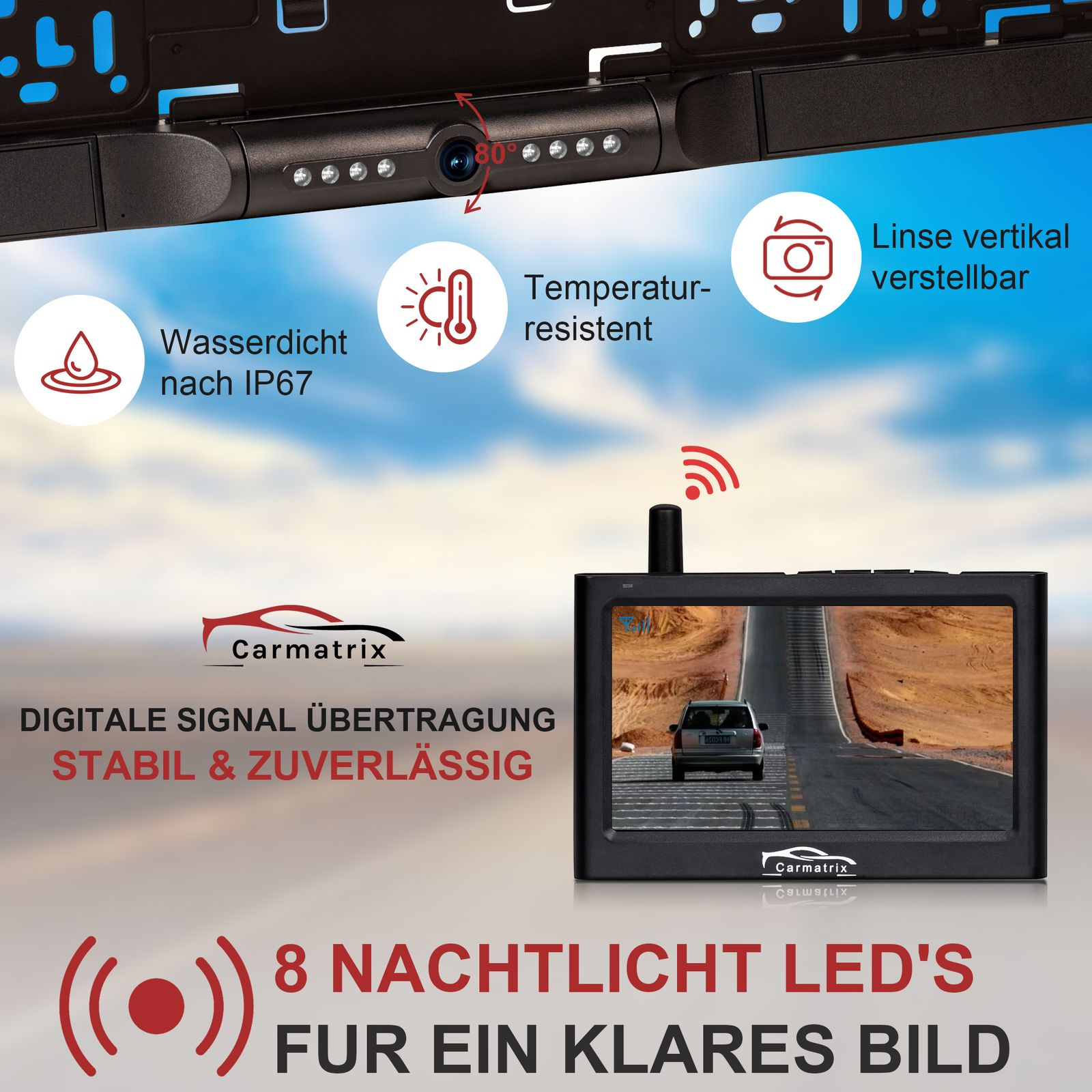 Eine Auto-Dashcam mit einem Bildschirm, der eine Straßenansicht zeigt. Text über Funktionen und ein Autologo sind sichtbar.