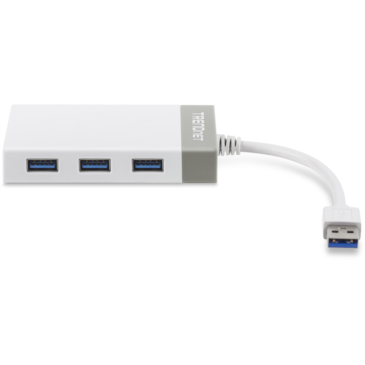 Hub USB bianco con tre porte USB e un cavo connettore USB.