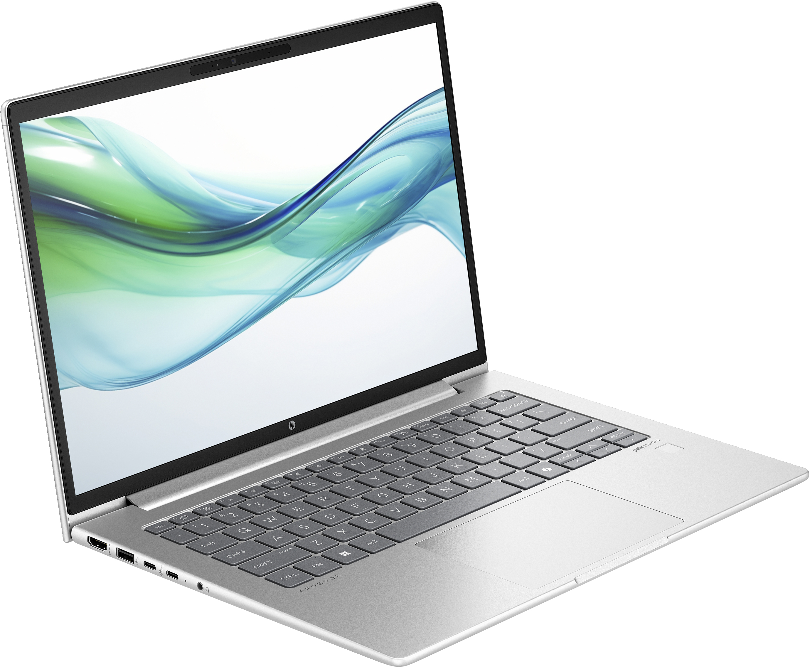 L'immagine mostra un laptop argentato con uno schermo bianco che mostra un design a onda. Il laptop è aperto.